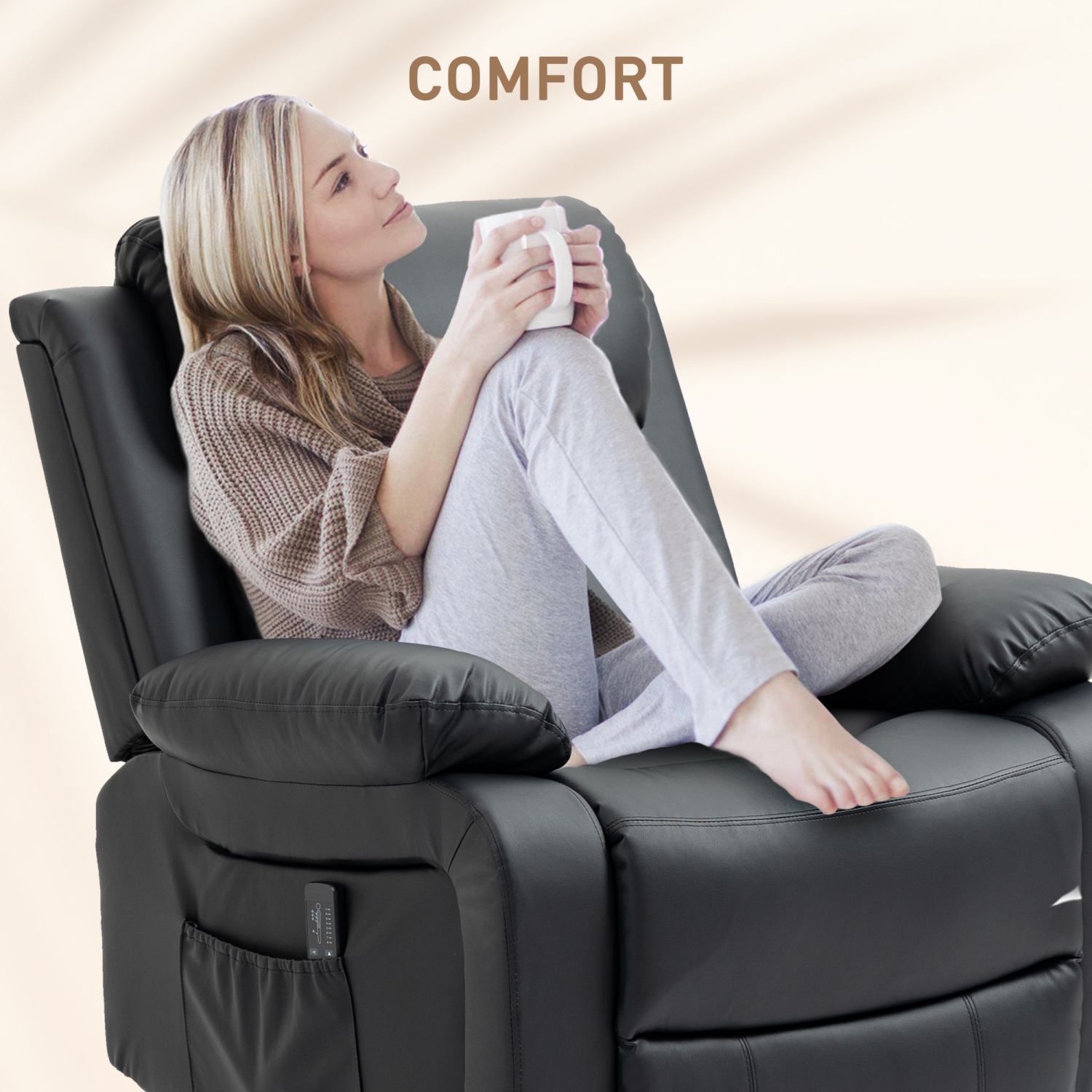 Fauteuil de massage inclinable de HOMCOM, fauteuil berçant pivotant pour salon, canapé inclinable manuel en cuir PU avec télécommande et pochettes
