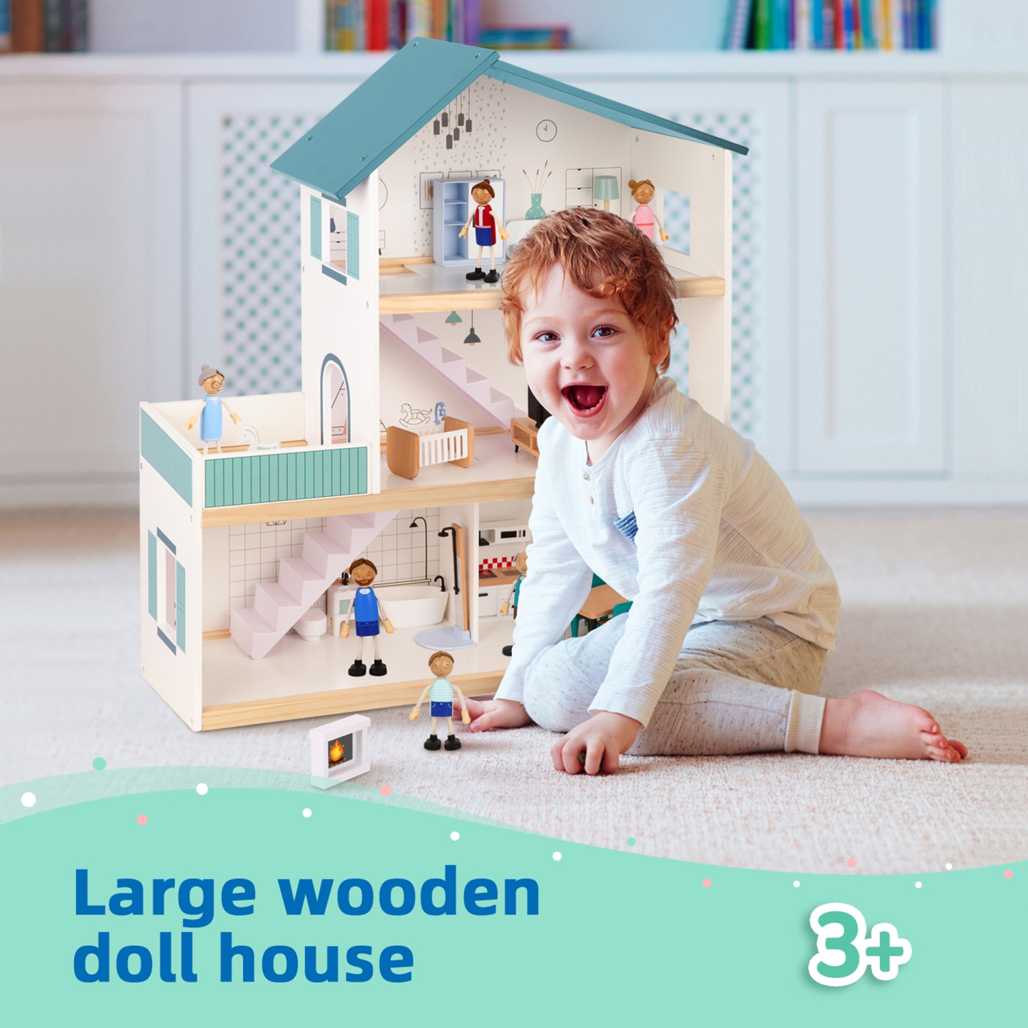 TOOKYLAND Wooden Dollhouse Play Set - 31pcs - 6 Dolls and Furniture Included, Ages 3+
