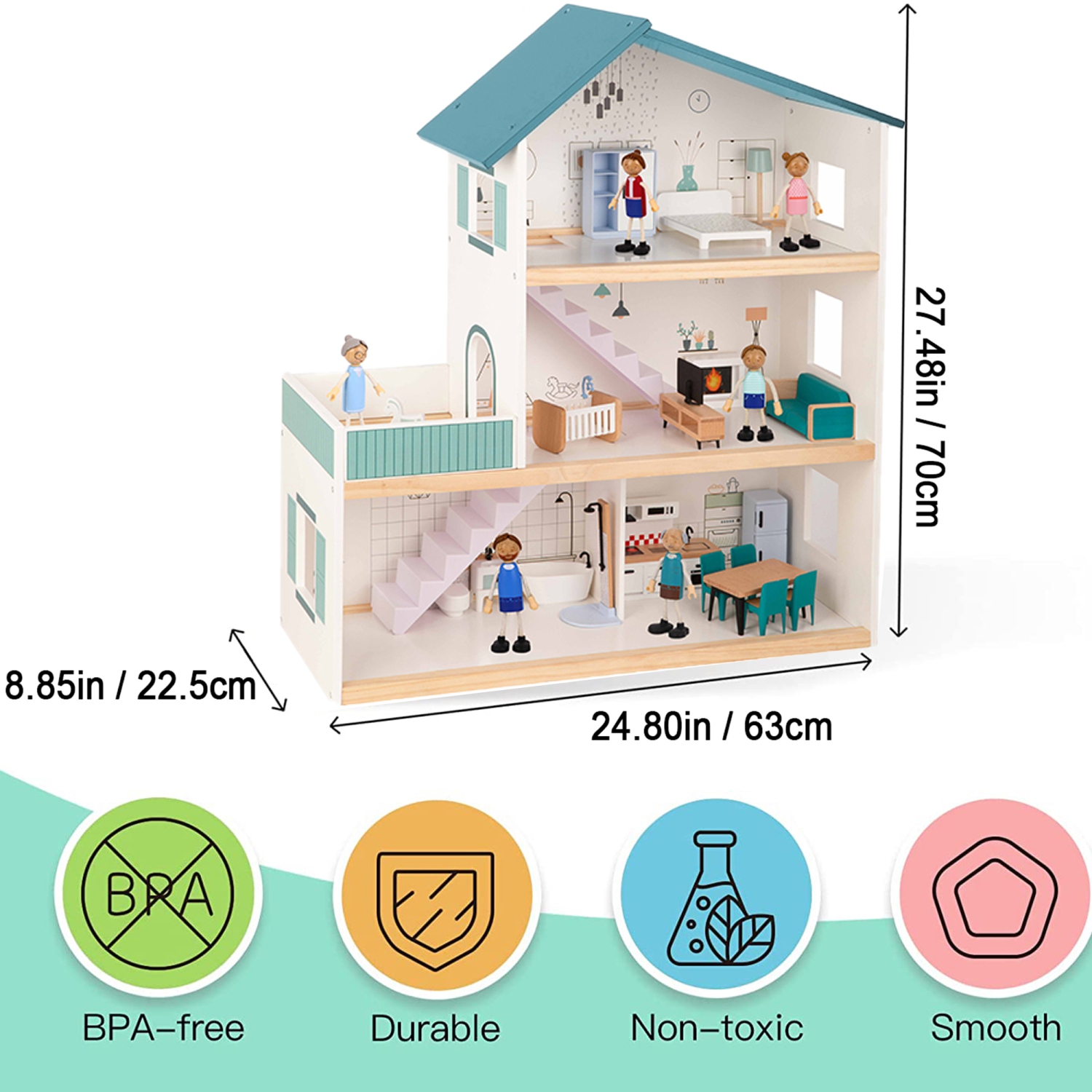 TOOKYLAND Wooden Dollhouse Play Set - 31pcs - 6 Dolls and Furniture Included, Ages 3+