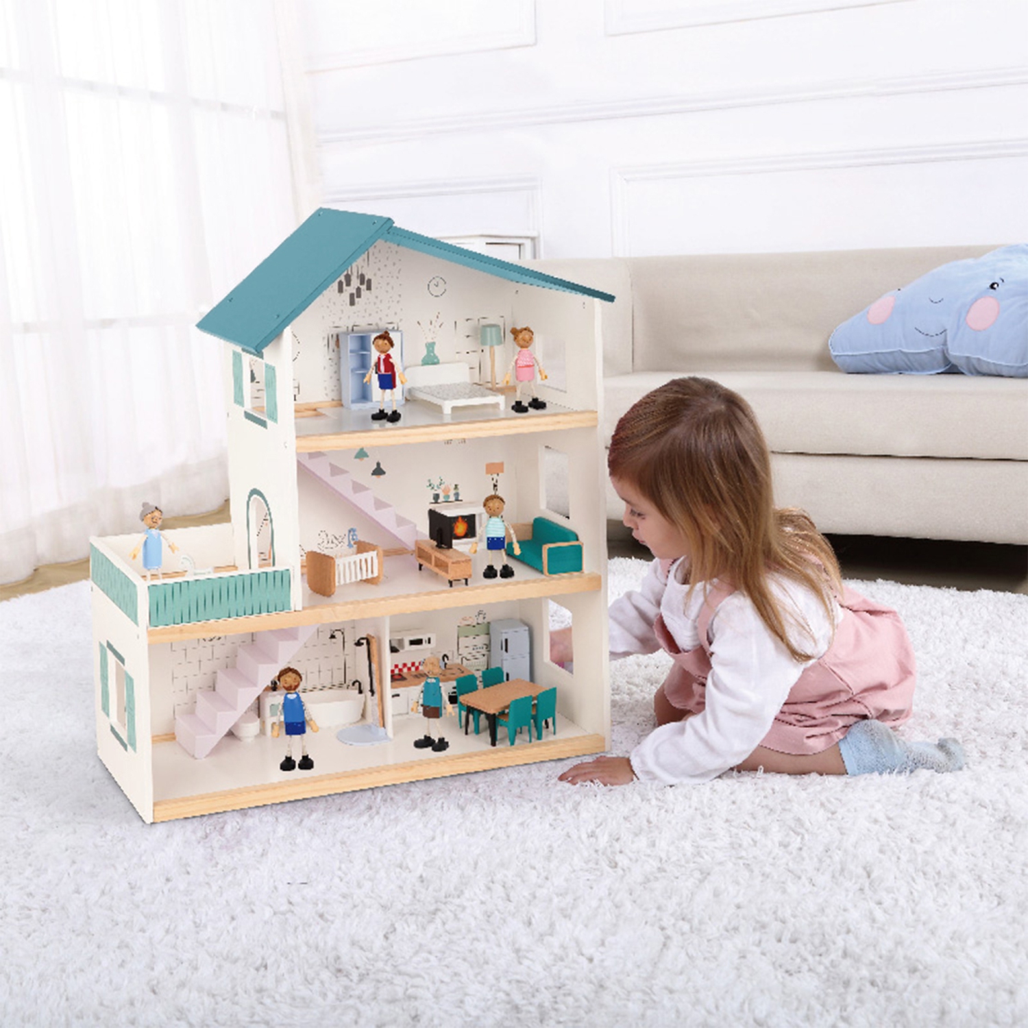 TOOKYLAND Wooden Dollhouse Play Set - 31pcs - 6 Dolls and Furniture Included, Ages 3+