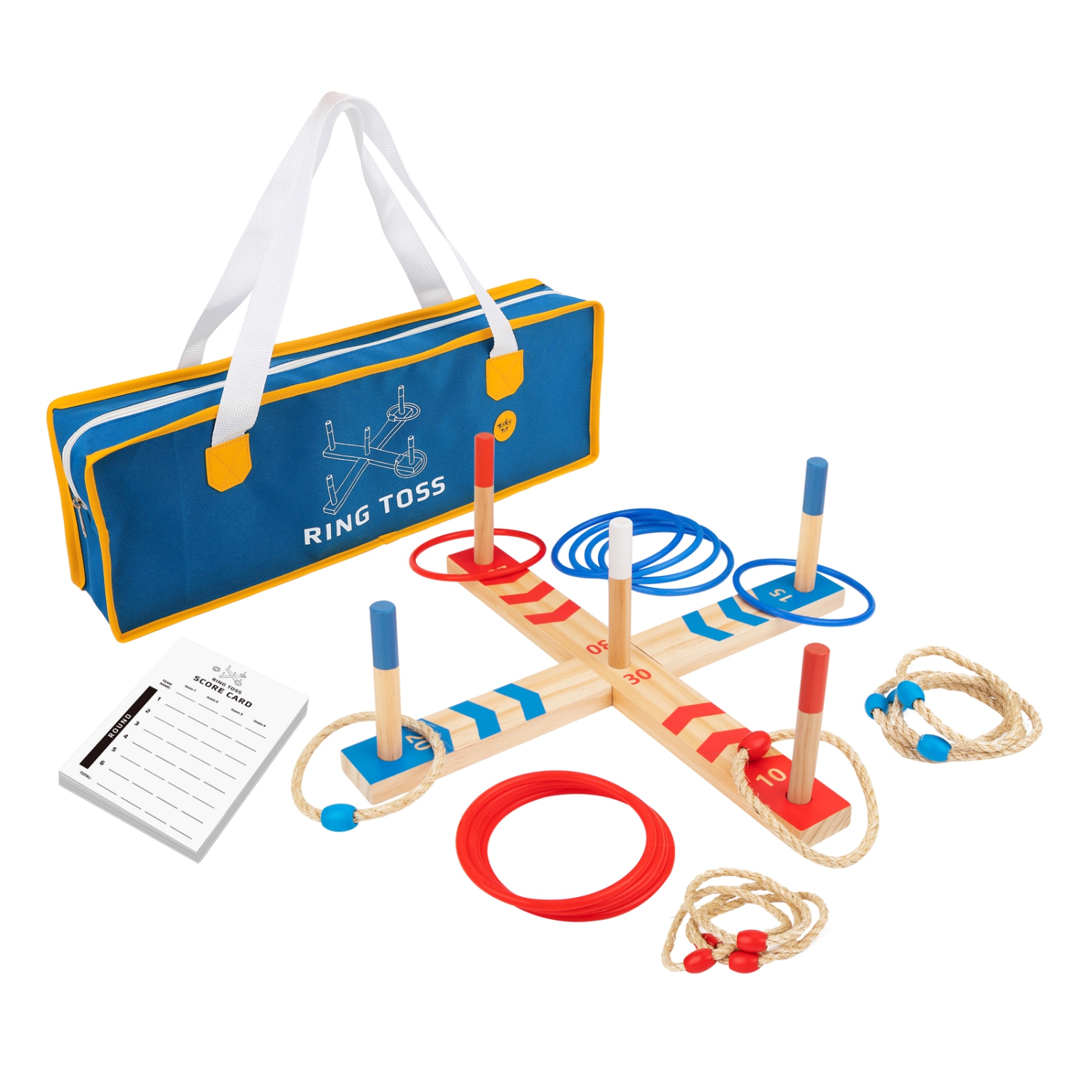 TOOKYLAND Jeu de Lancer d'Anneaux en Bois - 29pcs - Ensemble de Quoits avec Cartes de Pointage et Sac de Transport, 3 Ans +