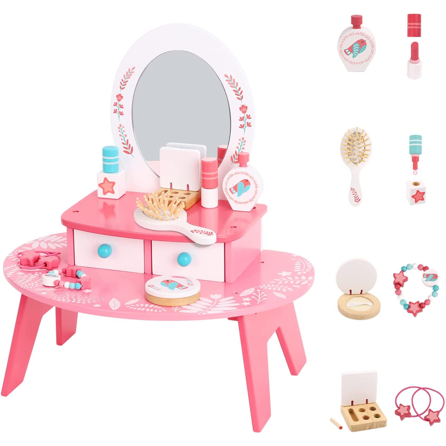TOOKYLAND Coiffeuse en Bois pour Enfants - 16pcs - Table Jouet de Maquillage et de Coiffure avec Miroir et Accessoires, 3 Ans +
