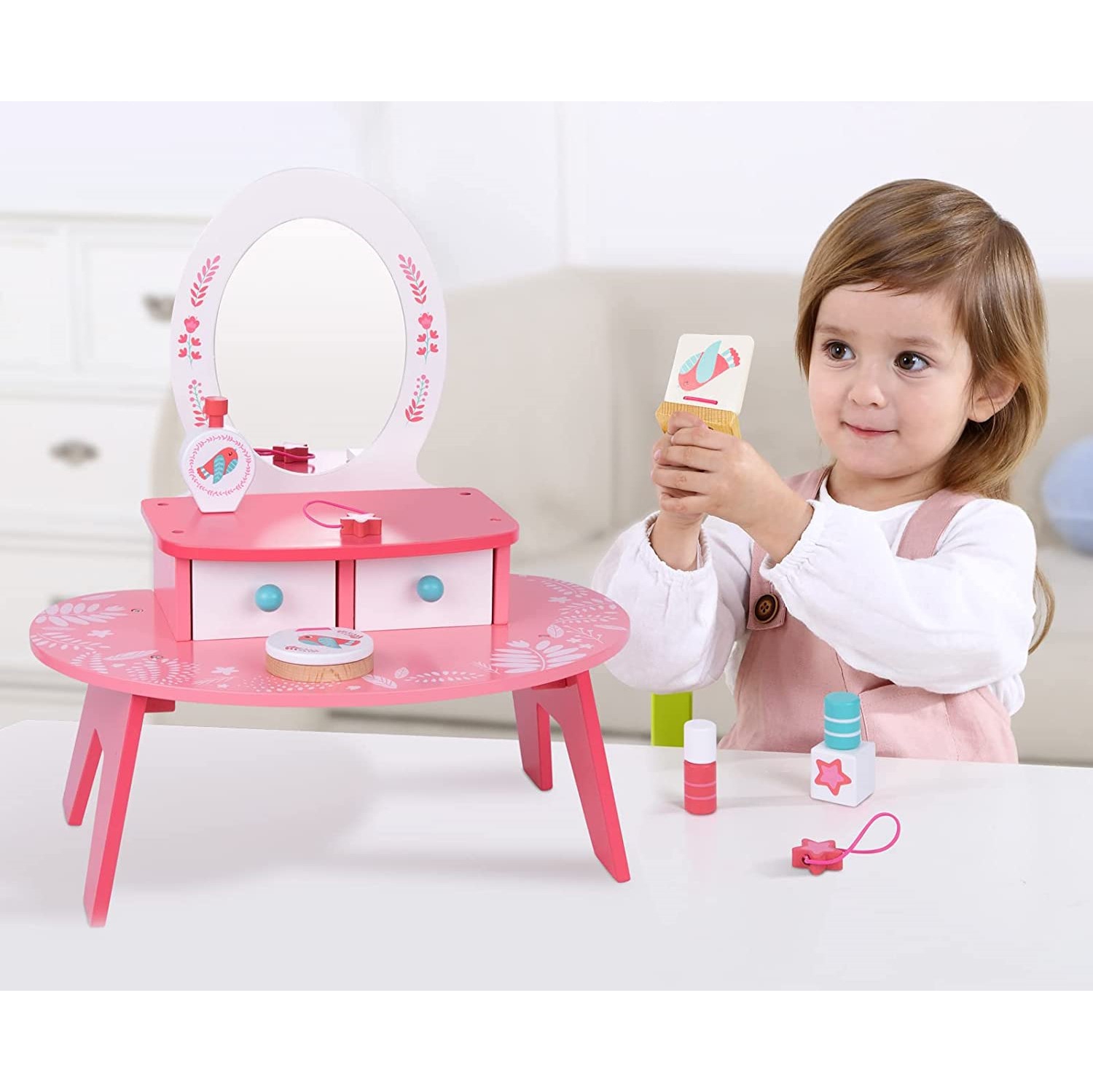 TOOKYLAND Coiffeuse en Bois pour Enfants - 16pcs - Table Jouet de Maquillage et de Coiffure avec Miroir et Accessoires, 3 Ans +