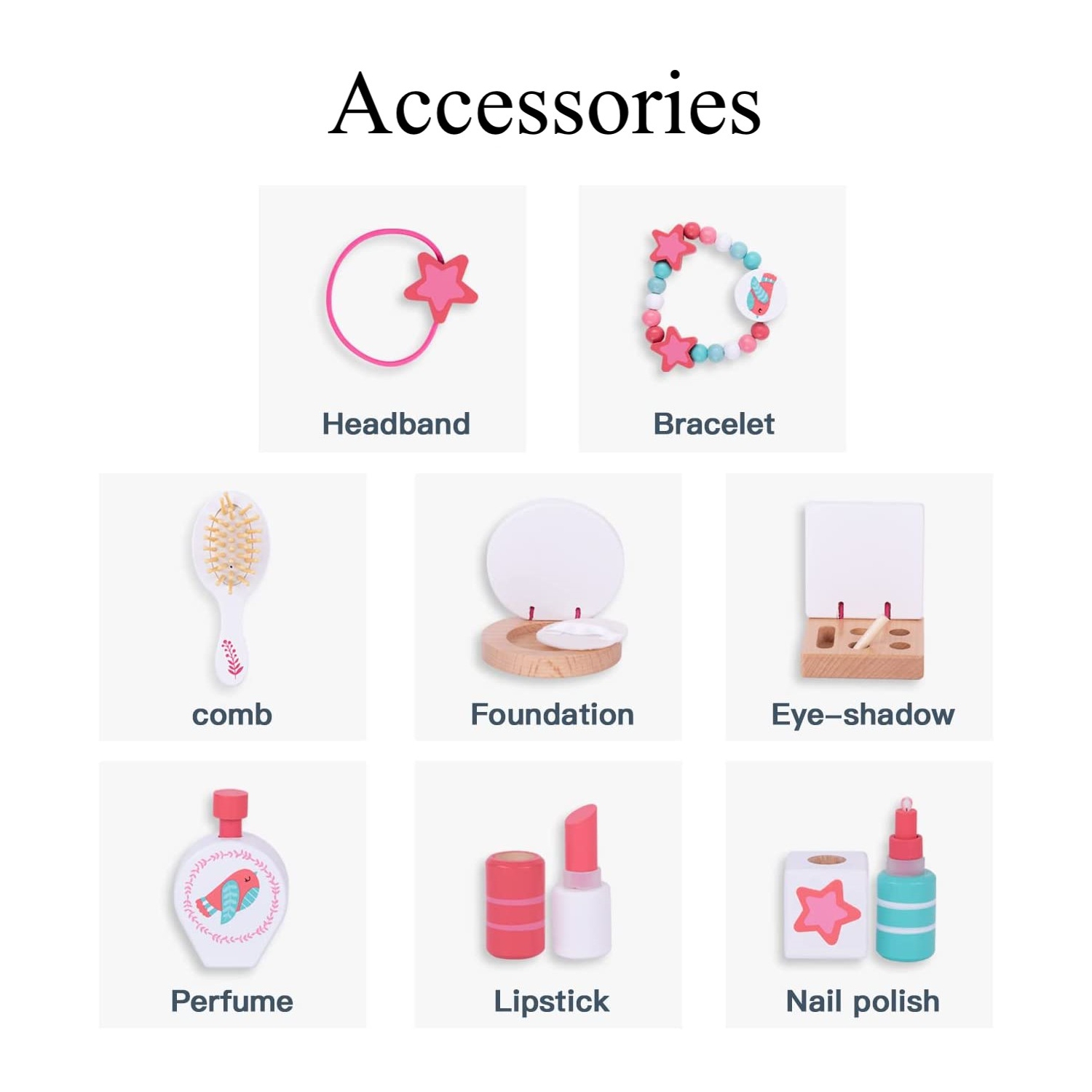 TOOKYLAND Coiffeuse en Bois pour Enfants - 16pcs - Table Jouet de Maquillage et de Coiffure avec Miroir et Accessoires, 3 Ans +