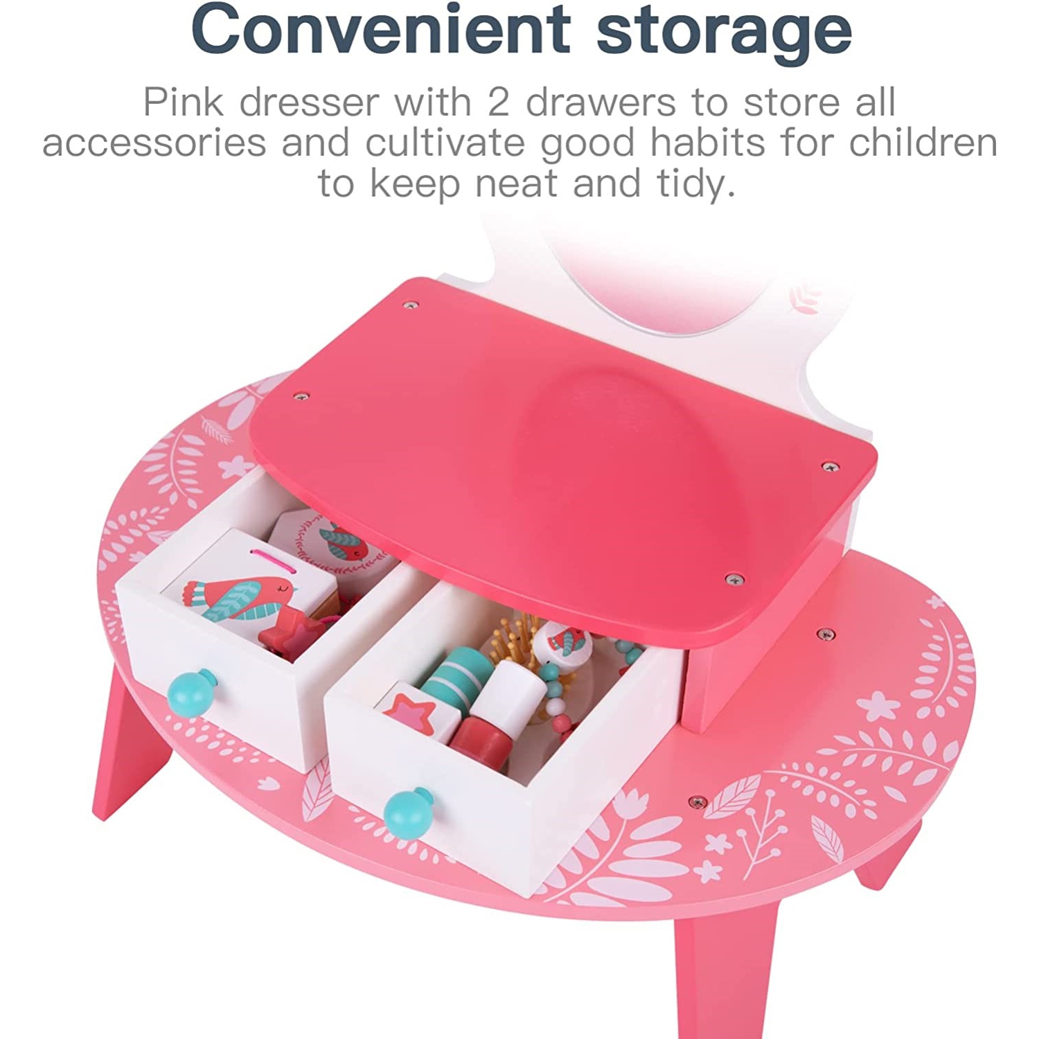 TOOKYLAND Coiffeuse en Bois pour Enfants - 16pcs - Table Jouet de Maquillage et de Coiffure avec Miroir et Accessoires, 3 Ans +