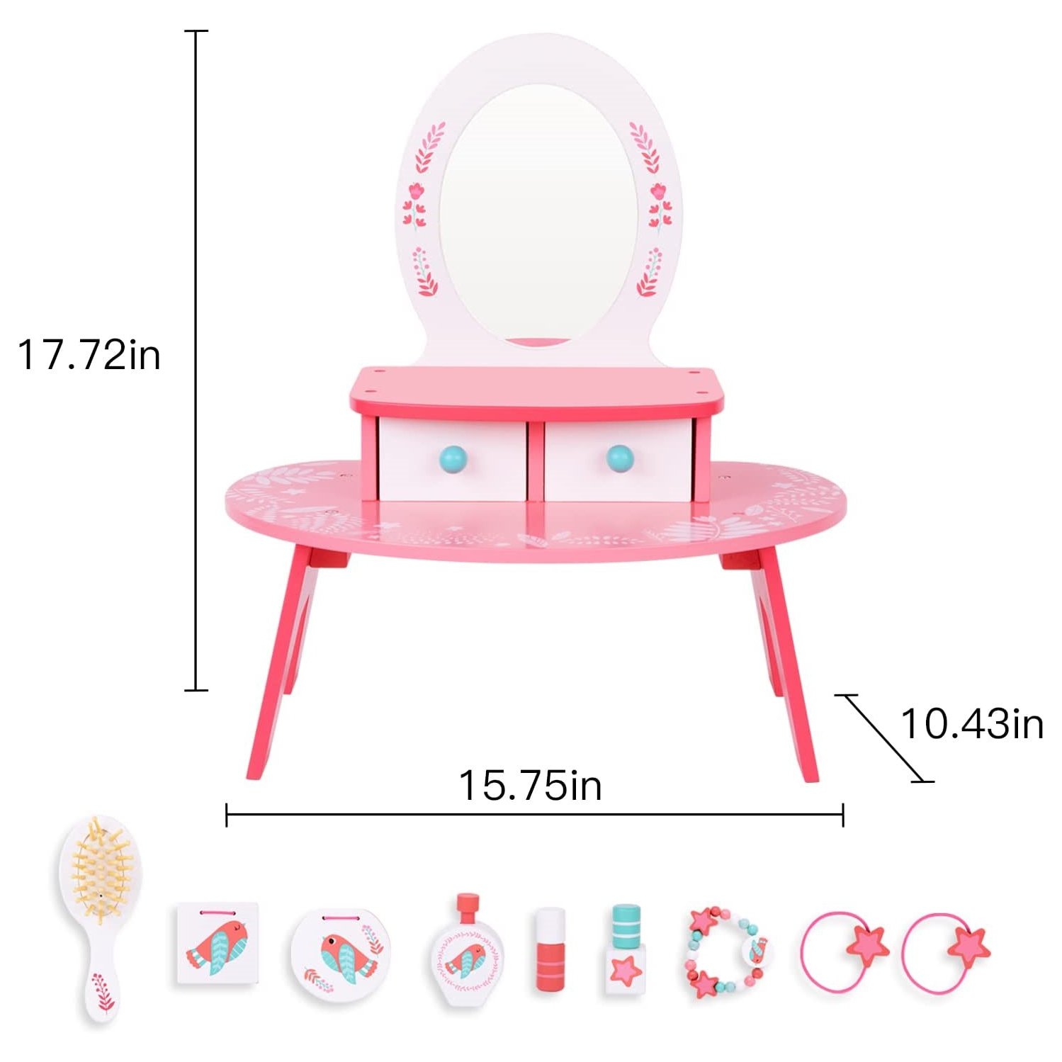 TOOKYLAND Coiffeuse en Bois pour Enfants - 16pcs - Table Jouet de Maquillage et de Coiffure avec Miroir et Accessoires, 3 Ans +