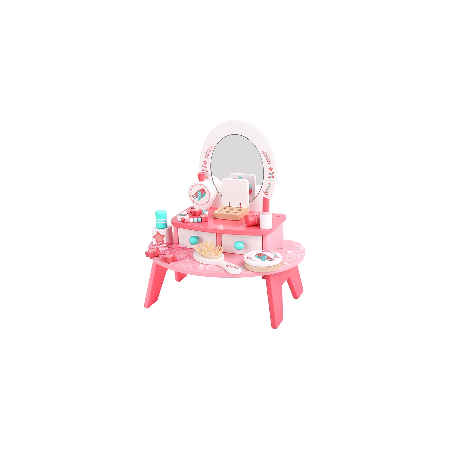 TOOKYLAND Coiffeuse en Bois pour Enfants - 16pcs - Table Jouet de Maquillage et de Coiffure avec Miroir et Accessoires, 3 Ans +