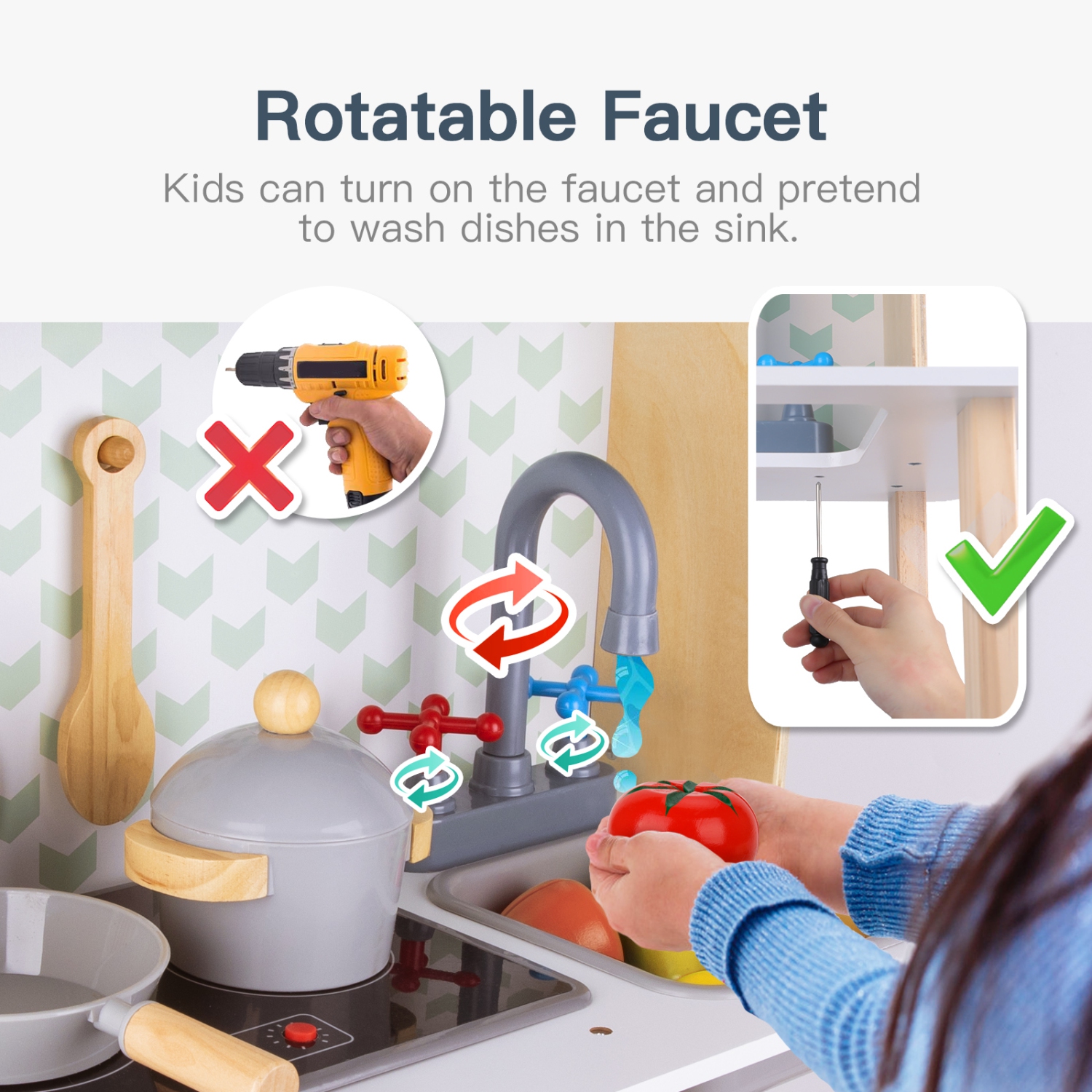 TOOKYLAND Ensemble de Jeu de Cuisine en Bois - Jouet de Simulation avec Lumières et Sons; Four, Cuisinière, Évier, Micro-Ondes et Accessoires; 3 Ans +