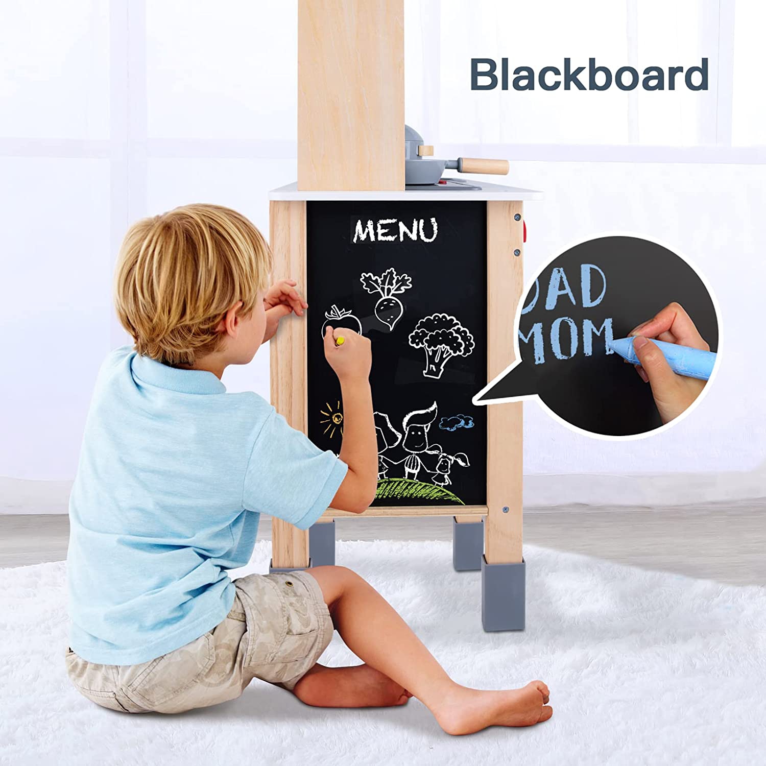 TOOKYLAND Ensemble de Jeu de Cuisine en Bois - Jouet de Simulation avec Lumières et Sons; Four, Cuisinière, Évier, Micro-Ondes et Accessoires; 3 Ans +