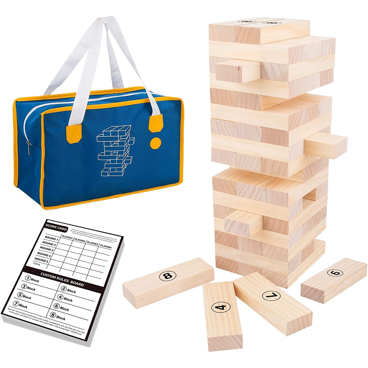 TOOKYLAND Jeu de Blocs en Bois à Empiler Géants - 56pcs - Ensemble de Tour Écroulée avec Sac de Rangement; 3 Ans +