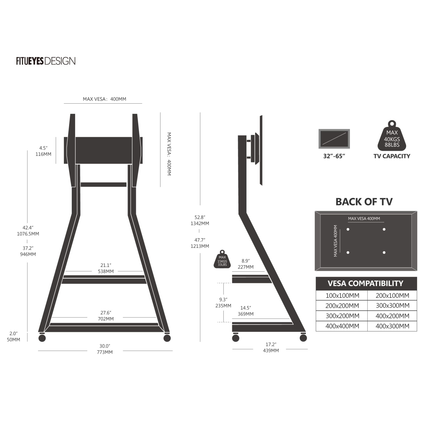 FITUEYES Design Corner Floor TV Stand for 32-65 Inch TV, Modern TV Stand TV Cart with Mount for LCD/LED Flat Curved Screens, Height Adjustable