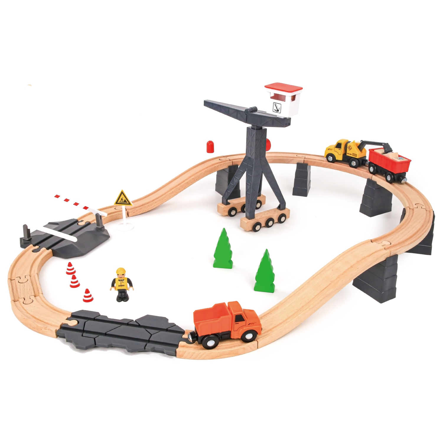 TOOKYLAND Ensemble de Train Chantier de Construction - 35pcs - Rails en Bois, Grue, Camions Jouets et Accessoires; 3 Ans +