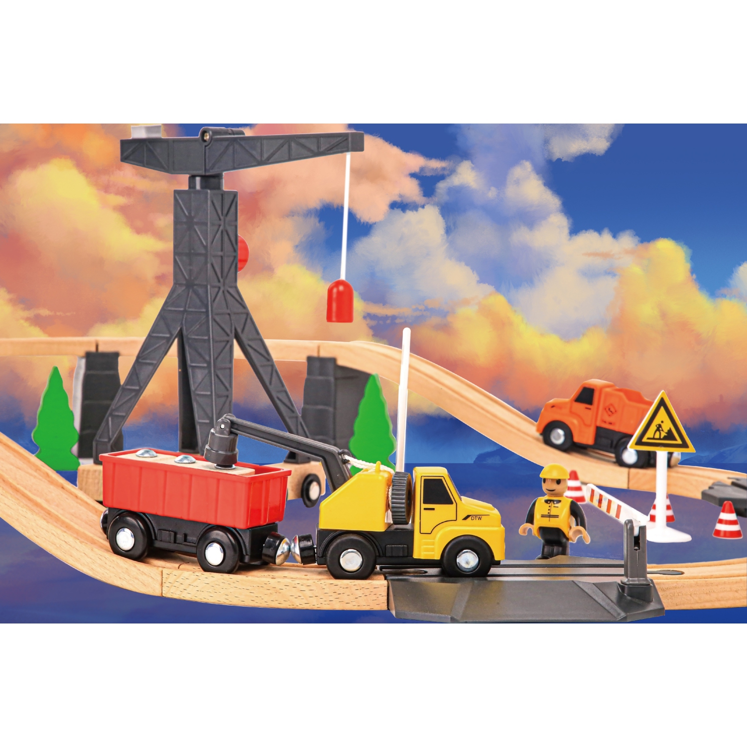 TOOKYLAND Ensemble de Train Chantier de Construction - 35pcs - Rails en Bois, Grue, Camions Jouets et Accessoires; 3 Ans +
