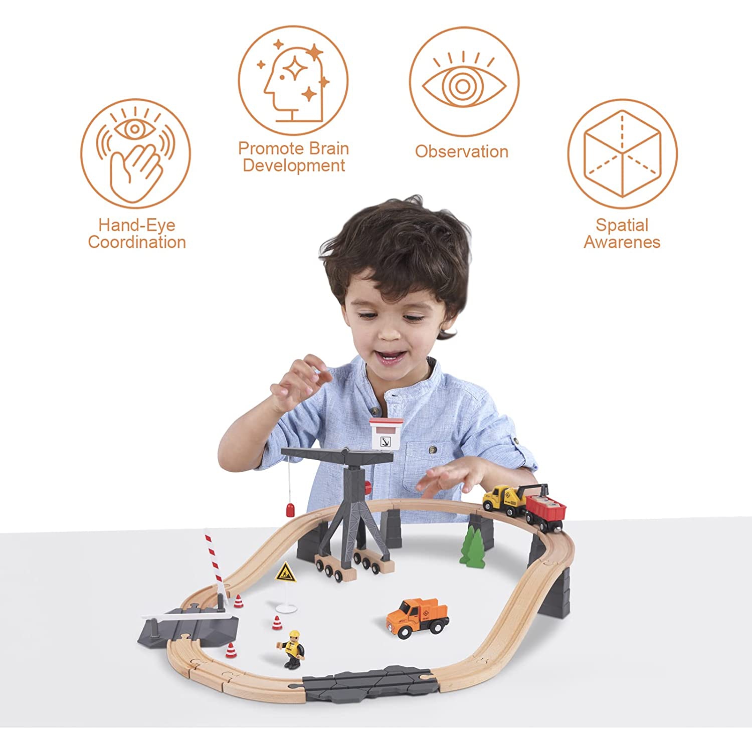 TOOKYLAND Ensemble de Train Chantier de Construction - 35pcs - Rails en Bois, Grue, Camions Jouets et Accessoires; 3 Ans +