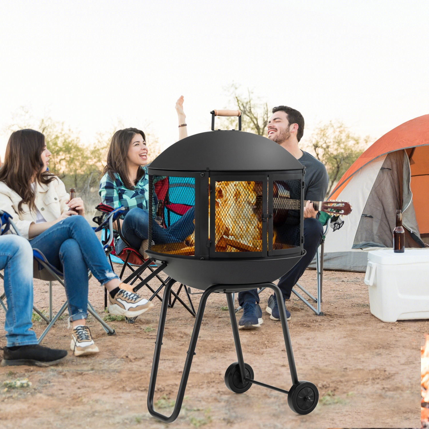 Topbuy Portable Fire Pit with Wheels 28 Inch Wood Burning Fire Pit with Log Grate Poker Rolling Patio Fireplace Wooden Bonfire Firepit for Outdoor
