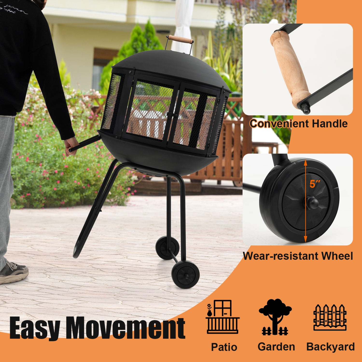 Topbuy Portable Fire Pit with Wheels 28 Inch Wood Burning Fire Pit with Log Grate Poker Rolling Patio Fireplace Wooden Bonfire Firepit for Outdoor