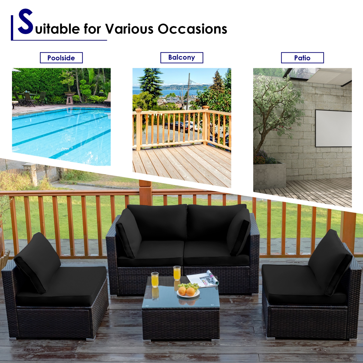 Patiojoy Patio Rattan 6PCS Cushioned Sofa Set Furniture Set Thick Cushion with 34.5" Fire Pit Table for Garden Black/Blue/Red/Turquoise/Off White