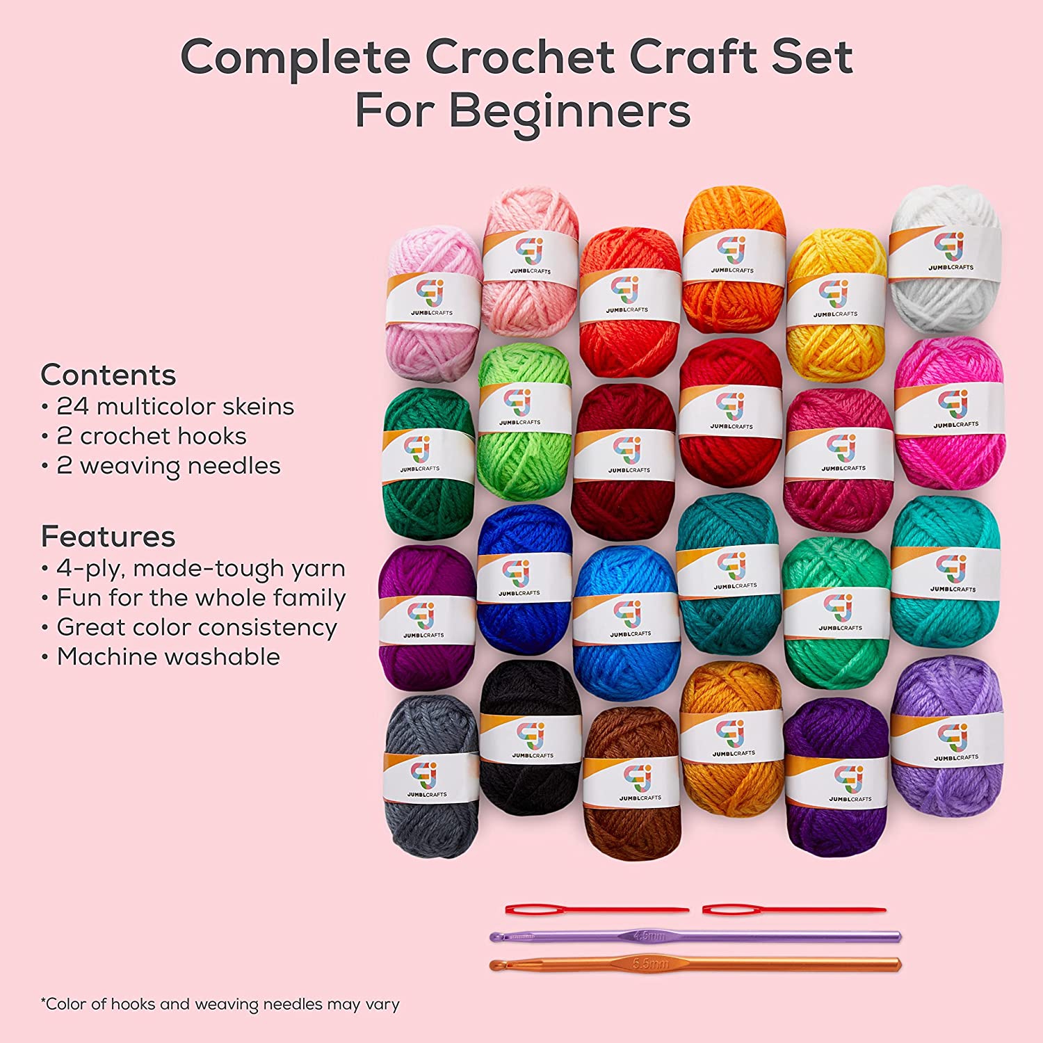 JumblCrafts 24-Yarn Crochet Kit with Crochet Hooks and Crochet Needle