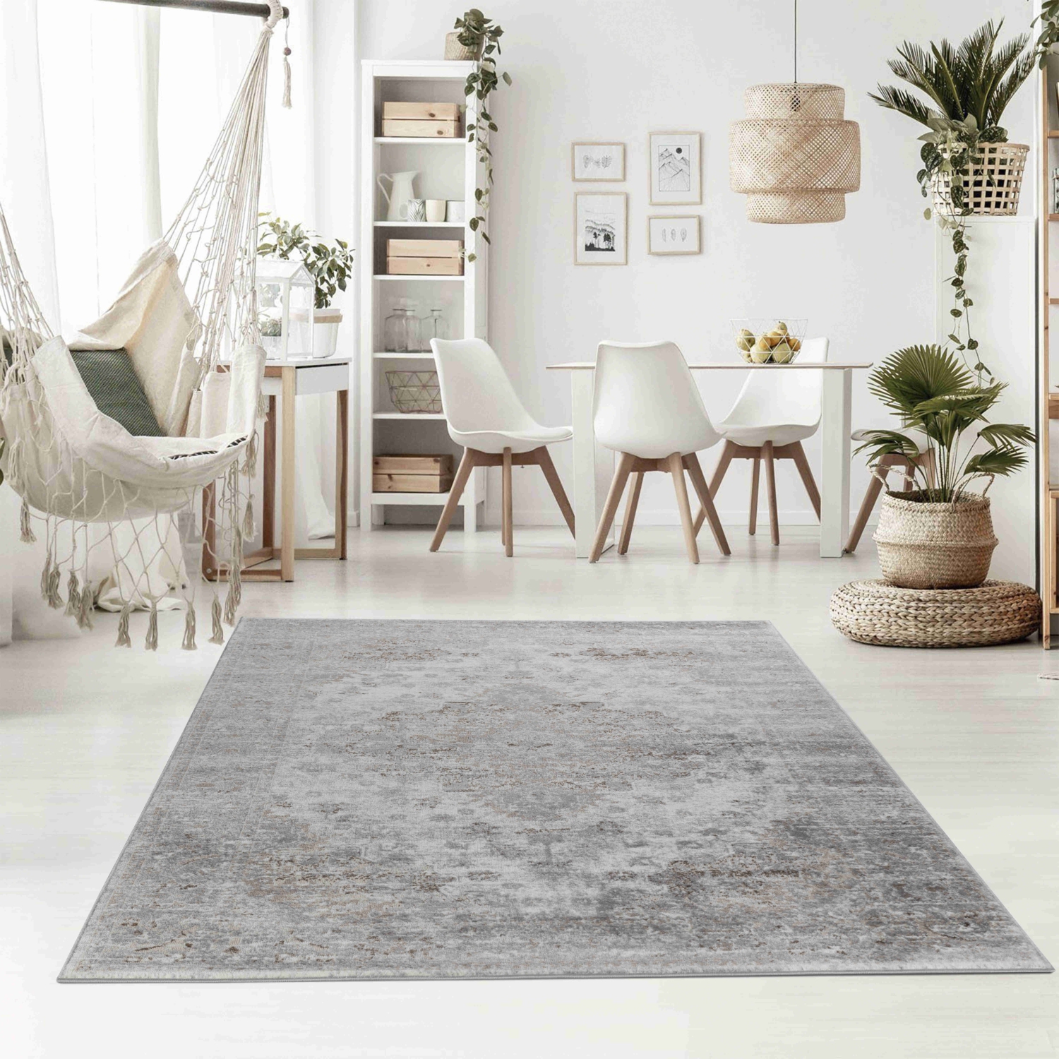 Tapis d'intérieur traditionnel branche Amina, brun oriental/gris