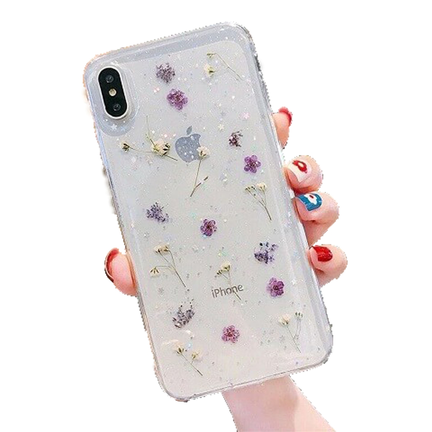 For Apple iPhone X / XS Purple Smart Shockproof Dry Flower Glitter