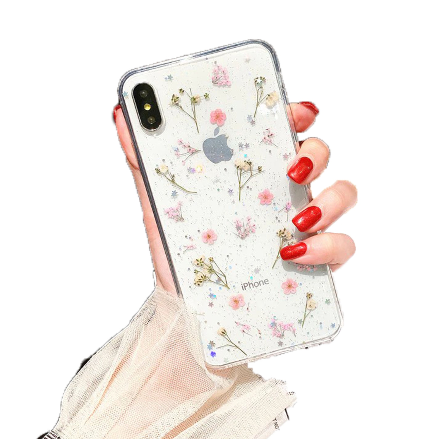 Apple iPhone XR Pink Smart Shockproof Dry Flower Glitter Case TPU Back Cover