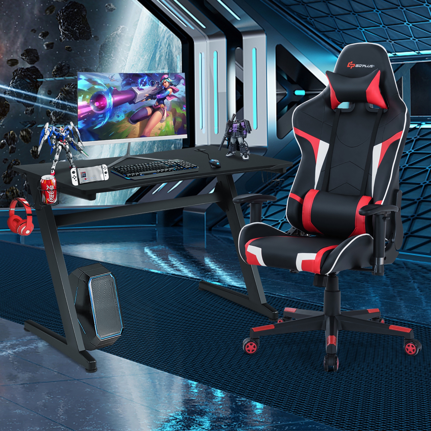 Goplus Z-Shaped Racing Style Desk & Massage Gaming Chair Set for Home Office