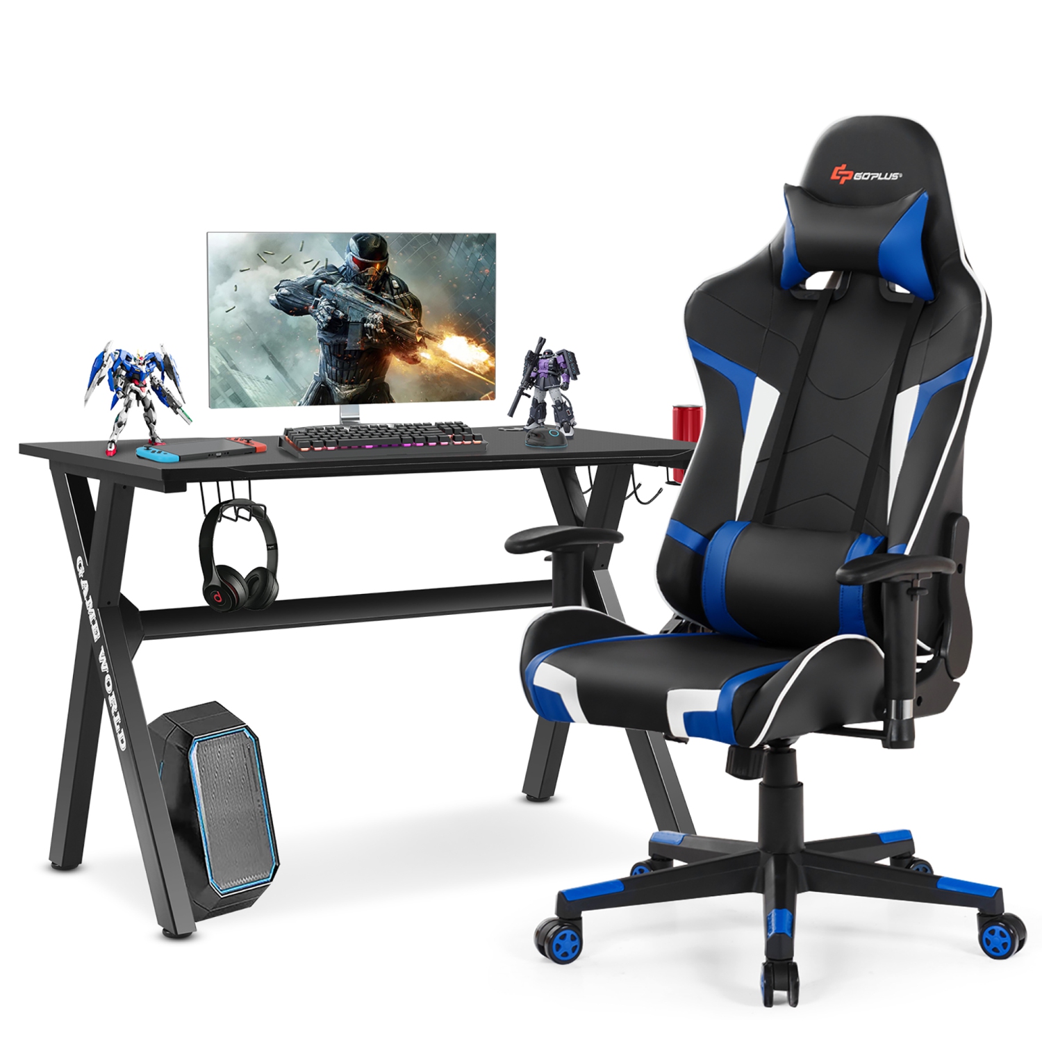 Goplus X-Shaped Gaming Desk & Racing Style Massage Chair Set Home Office