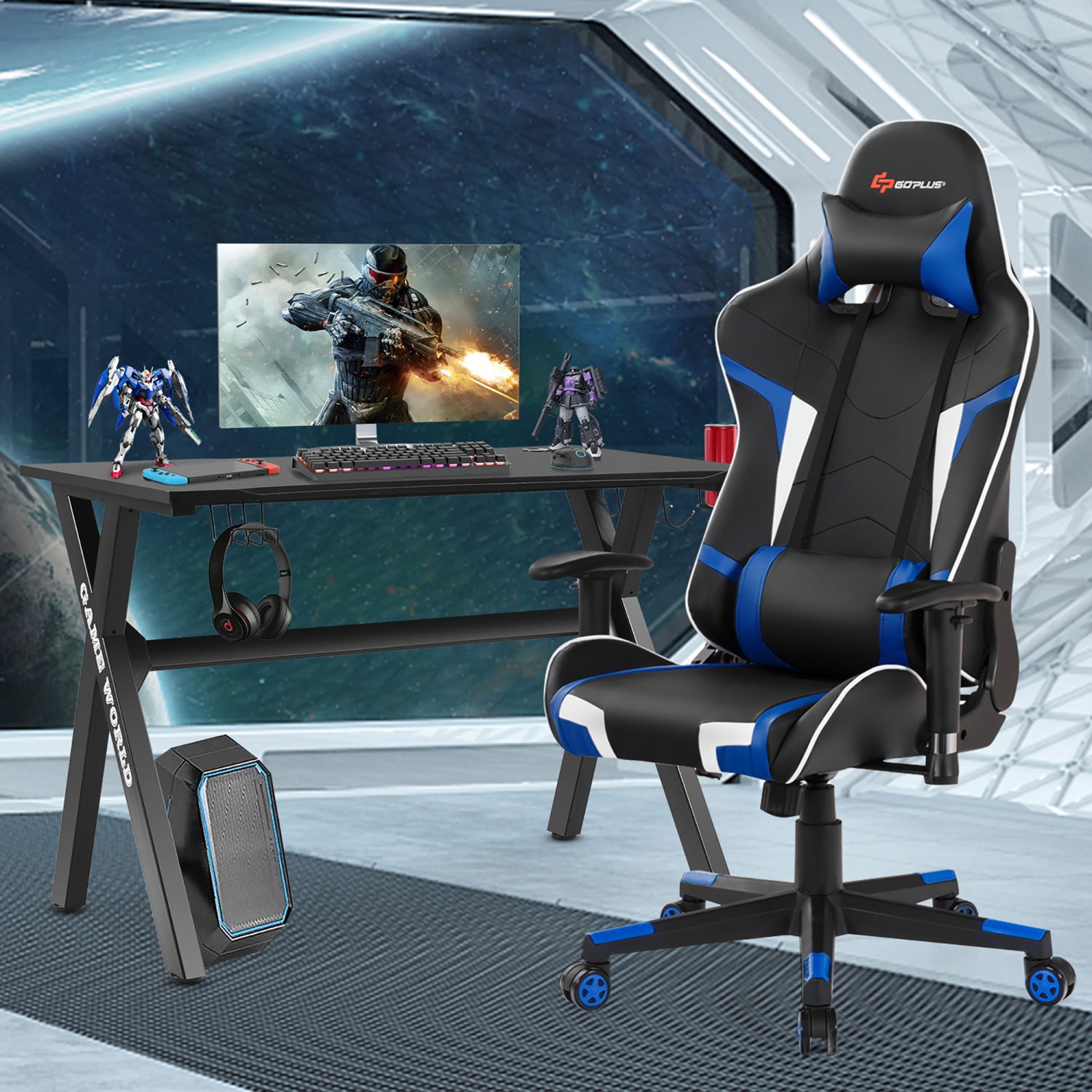 Goplus X-Shaped Gaming Desk & Racing Style Massage Chair Set Home Office
