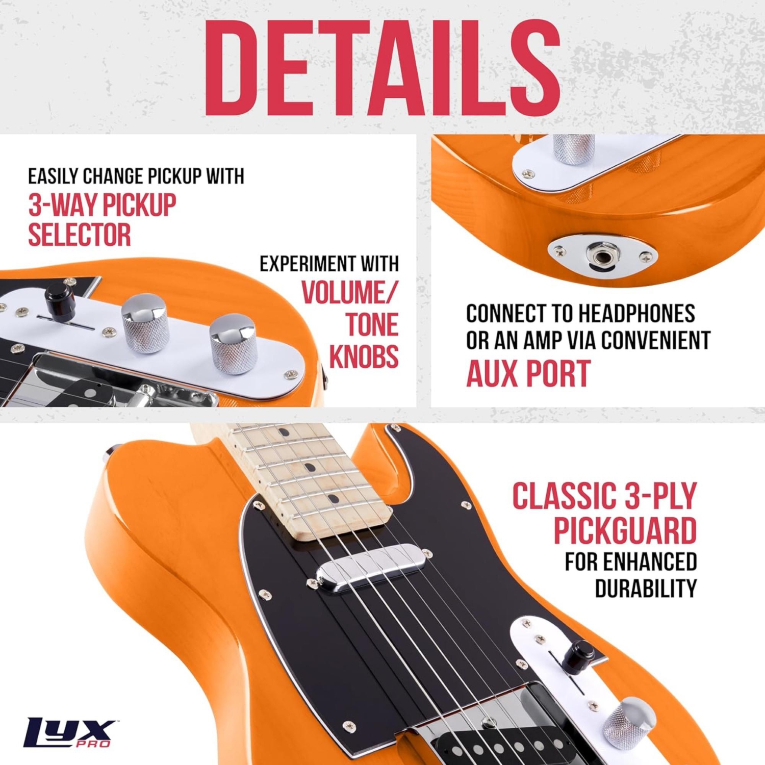 LyxPro – guitare électrique Telecaster de 30 po pour débutant, caisse en paulownia, acajou