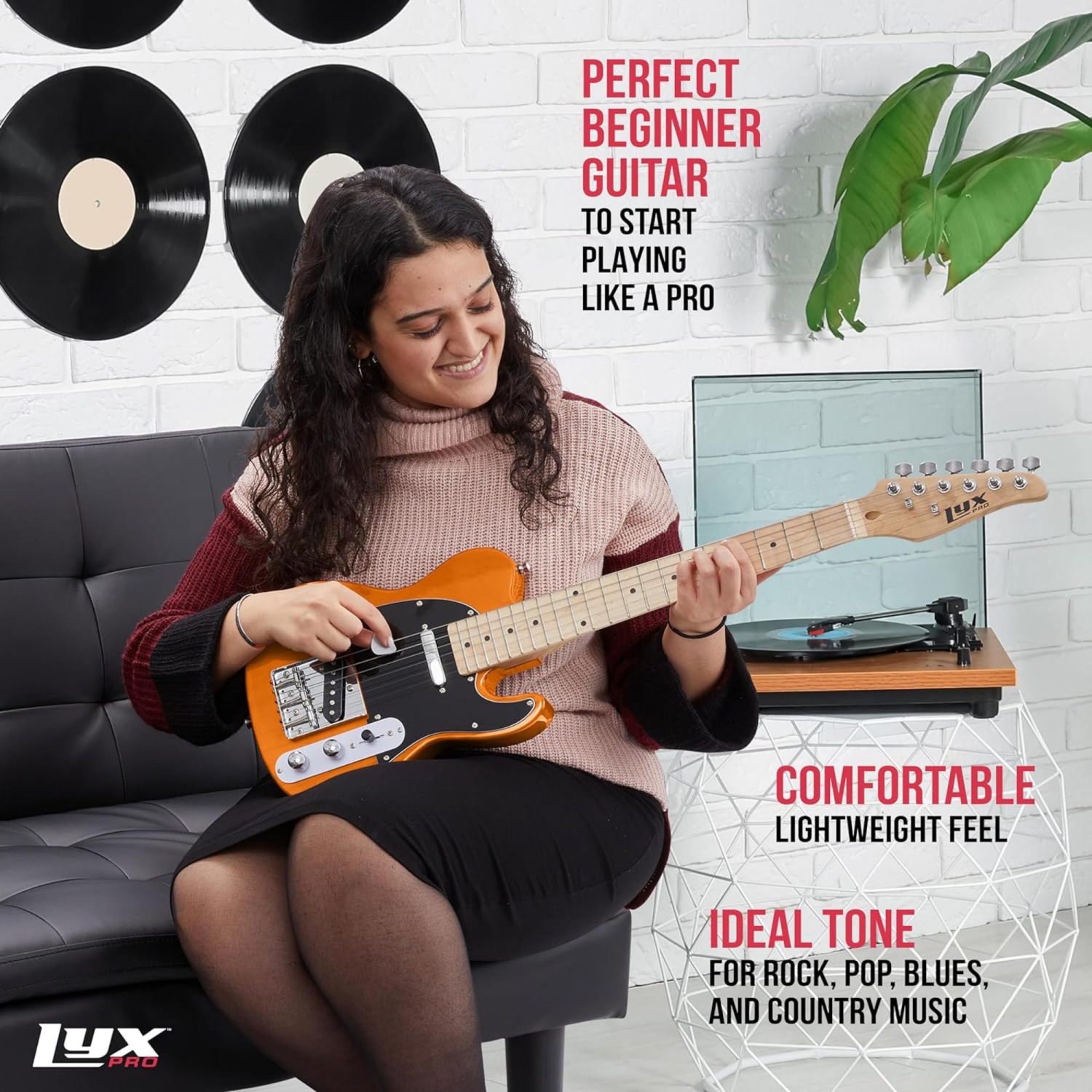 LyxPro – guitare électrique Telecaster de 30 po pour débutant, caisse en paulownia, acajou