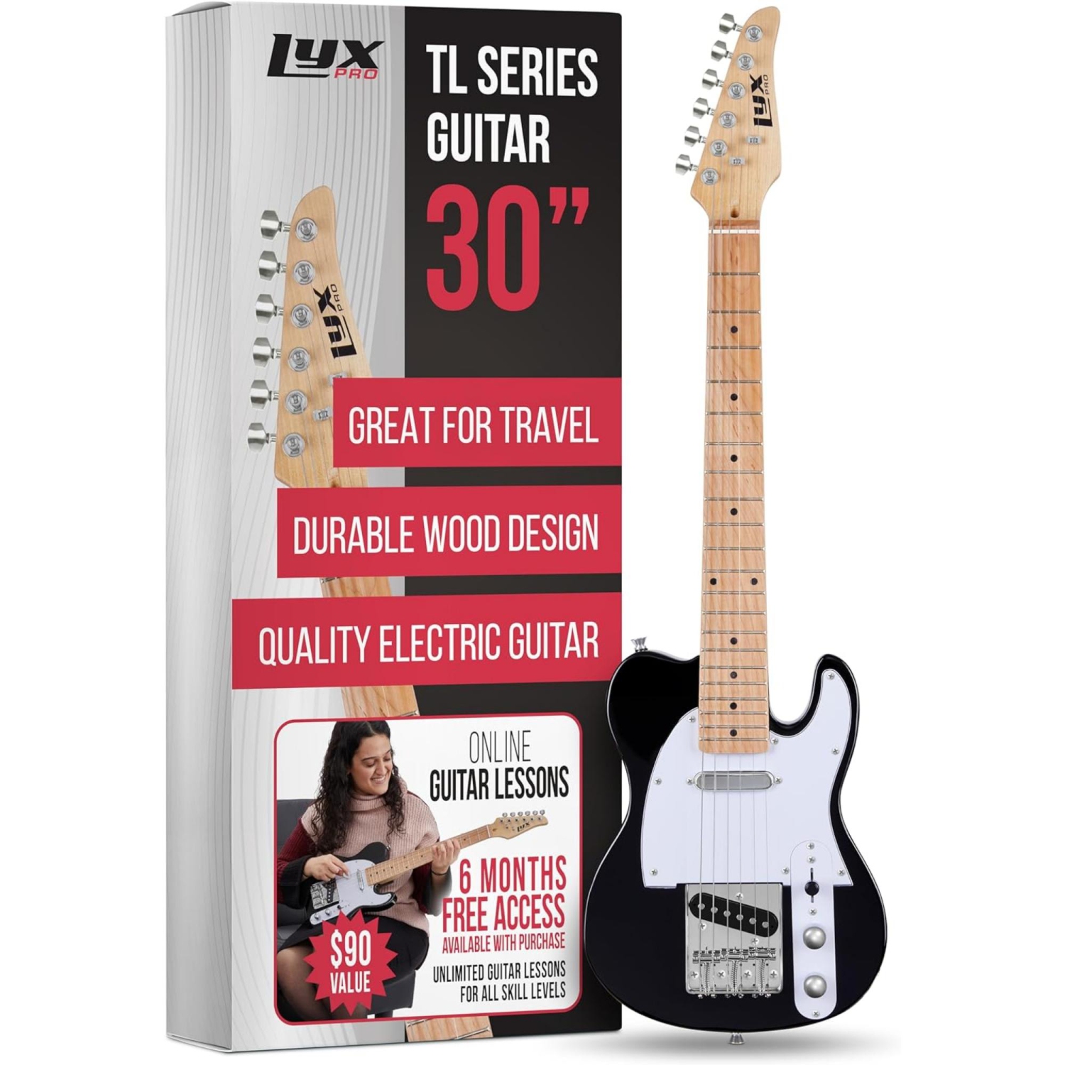 LyxPro – guitare électrique Telecaster 30 po pour débutant, caisse paulownia, noir