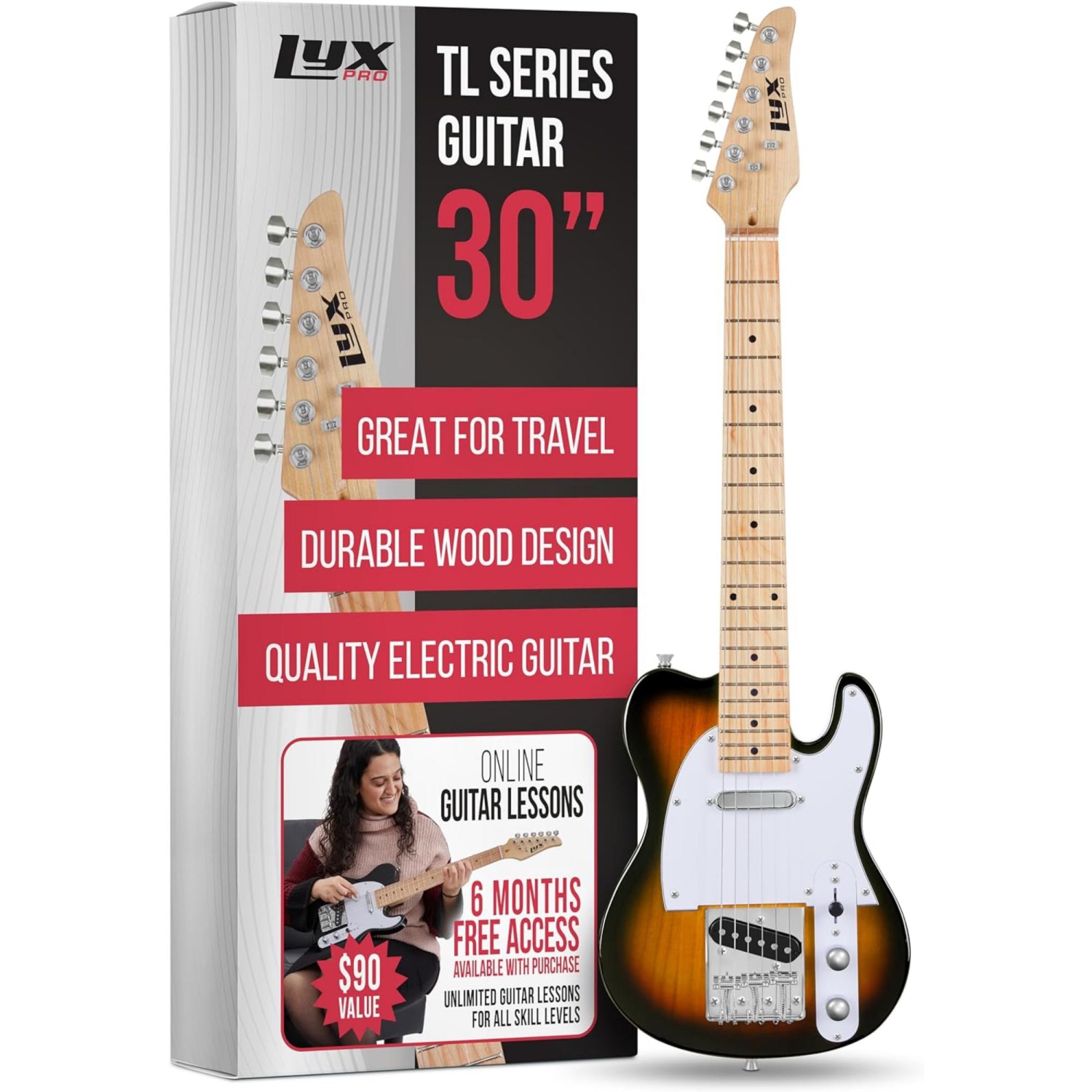 Guitare électrique Telecaster de 30 po pour débutant de LyxPro, caisse en paulownia, Sunburst