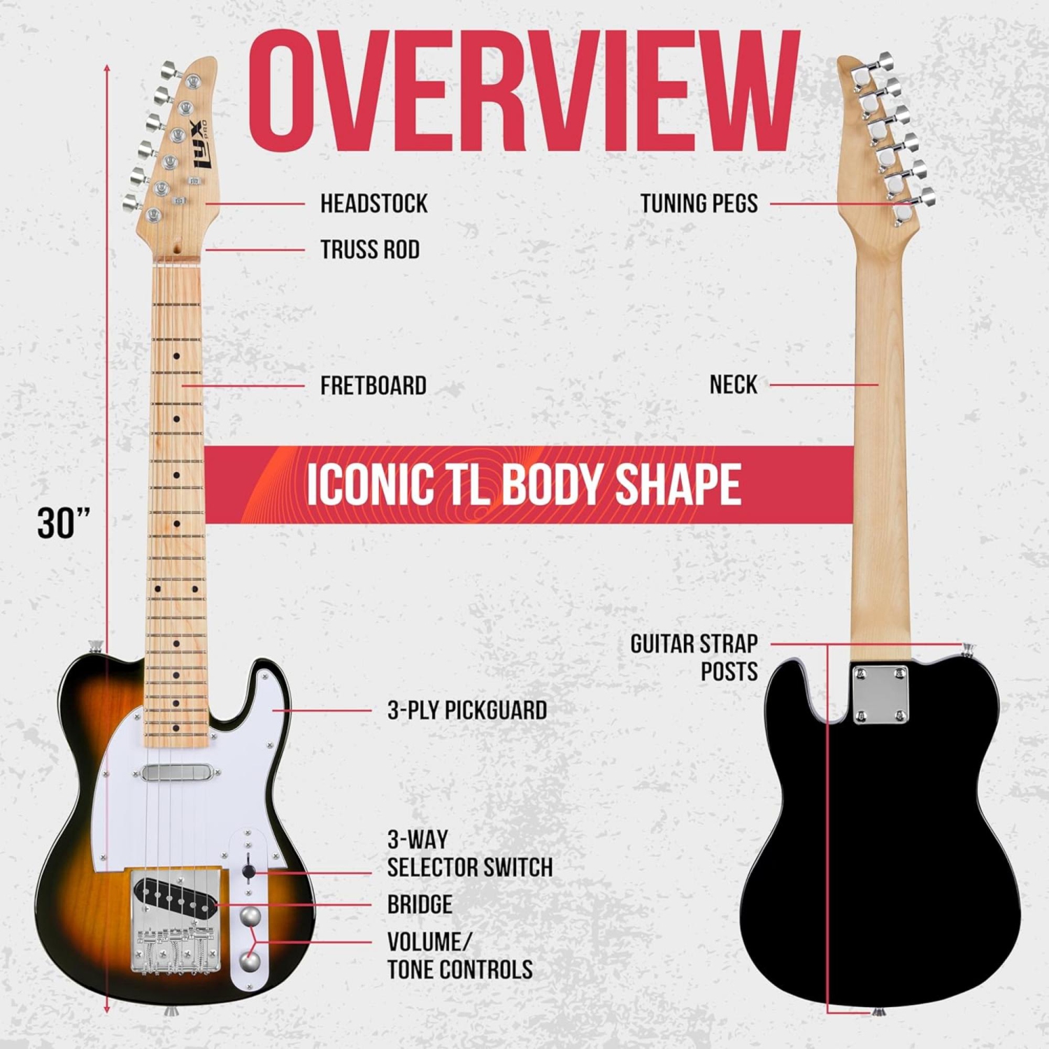 Guitare électrique Telecaster de 30 po pour débutant de LyxPro, caisse en paulownia, Sunburst