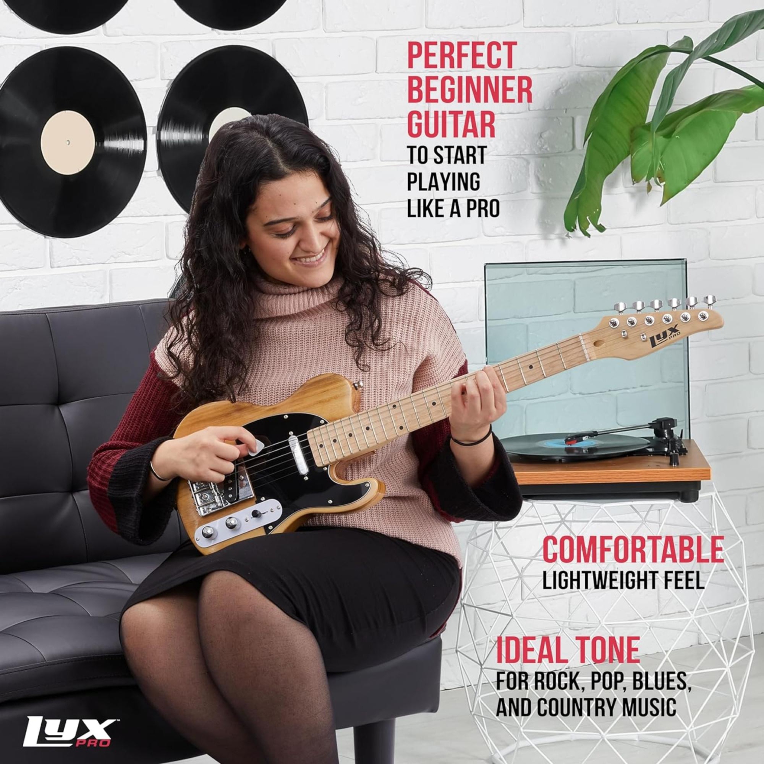 LyxPro Beginner 30" Telecaster Electric Guitar, Paulownia Body, Natural