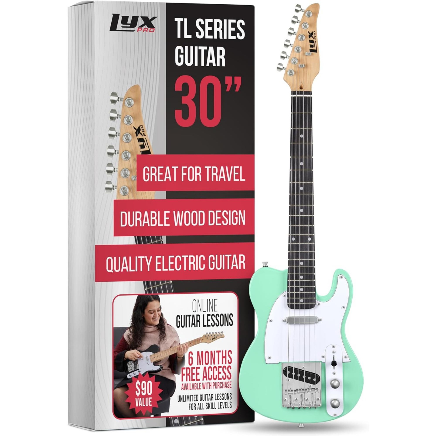 LyxPro – guitare électrique Telecaster de 30 po pour débutant, caisse en paulownia, vert