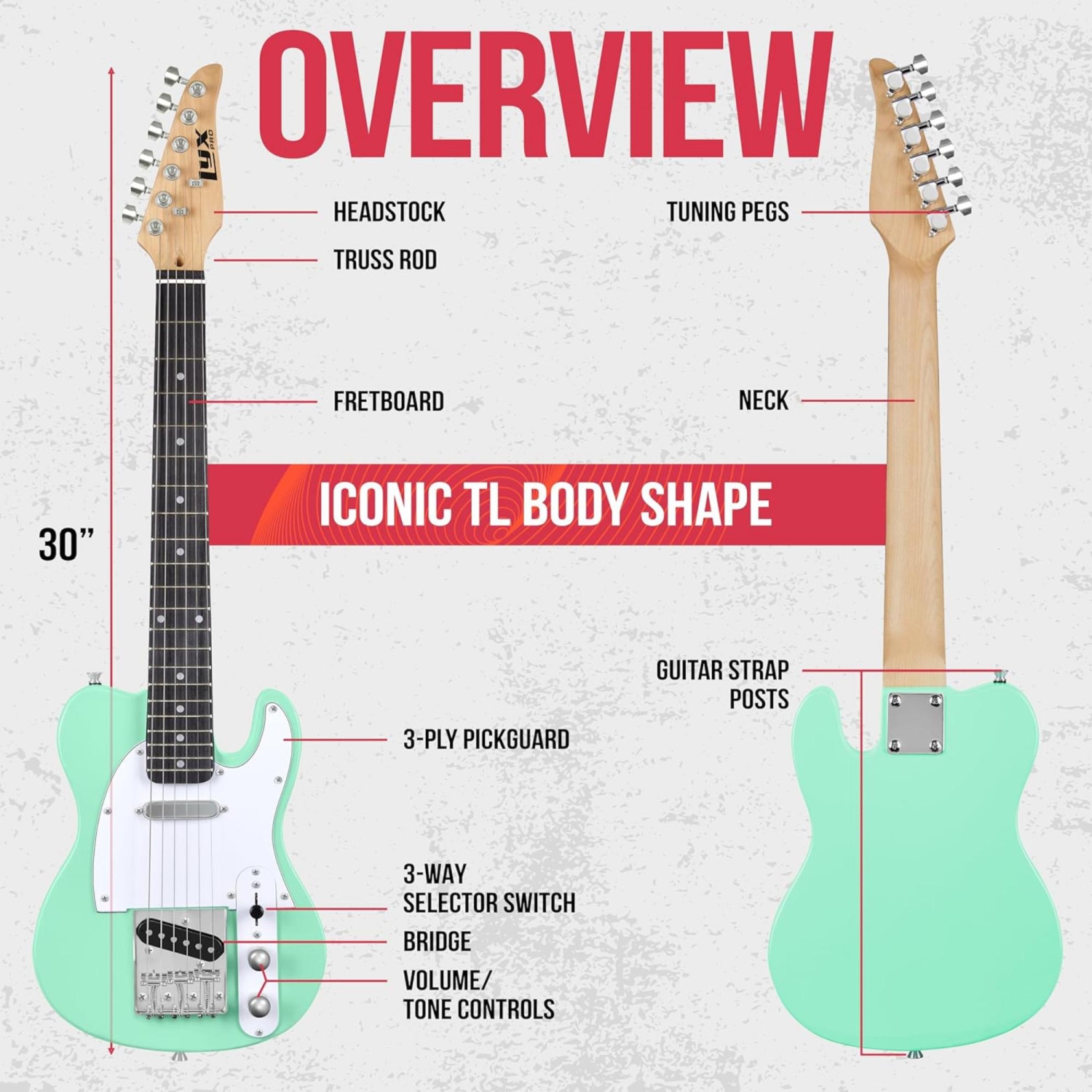 LyxPro – guitare électrique Telecaster de 30 po pour débutant, caisse en paulownia, vert