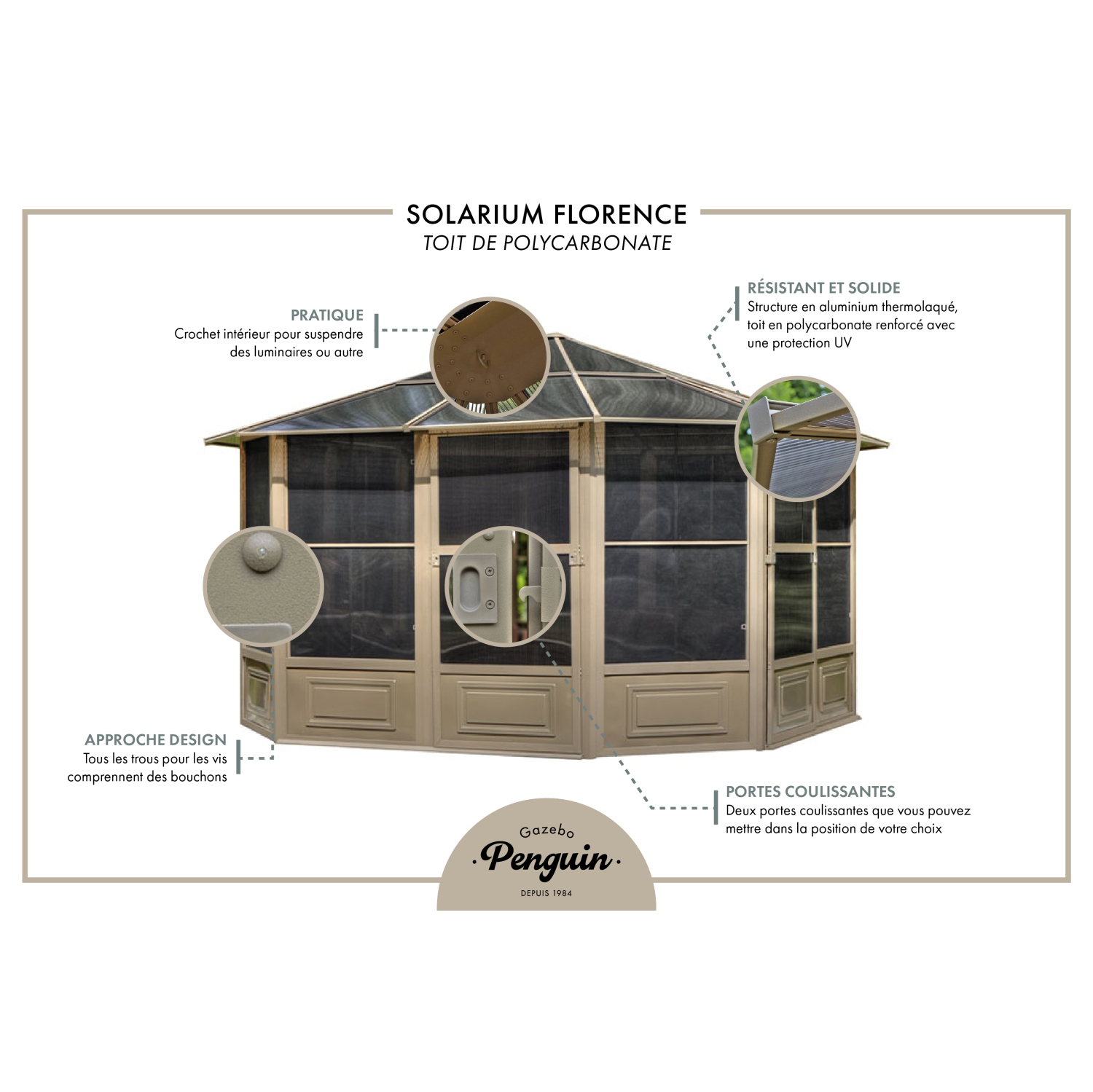 Florence Solarium avec Toit en polycarbonate 12 Ft. x 12 Ft. couleur Gris