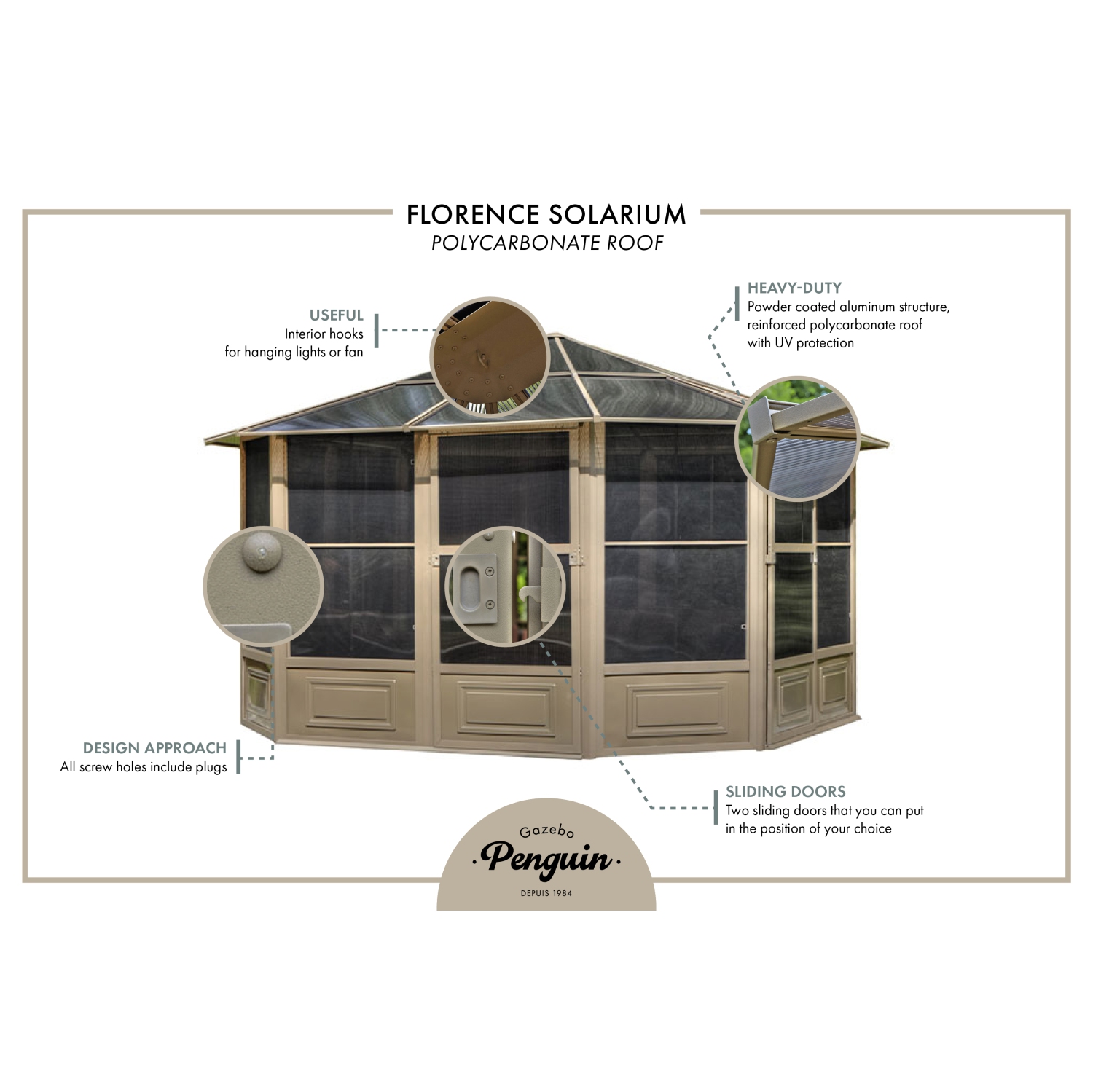 Florence Solarium avec Toit en polycarbonate 12 Ft. x 12 Ft. couleur Gris