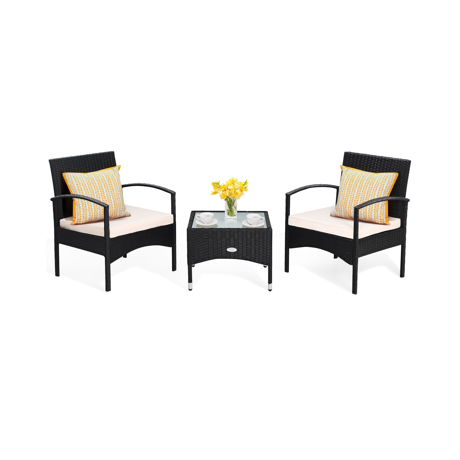 Patiojoy 3 PCS Patio Rattan Cushioned Chair Side Table Set Bistro Set Classic Furniture Single Sofa Thick Cushion for Garden Grey/White/Turquoise/Red