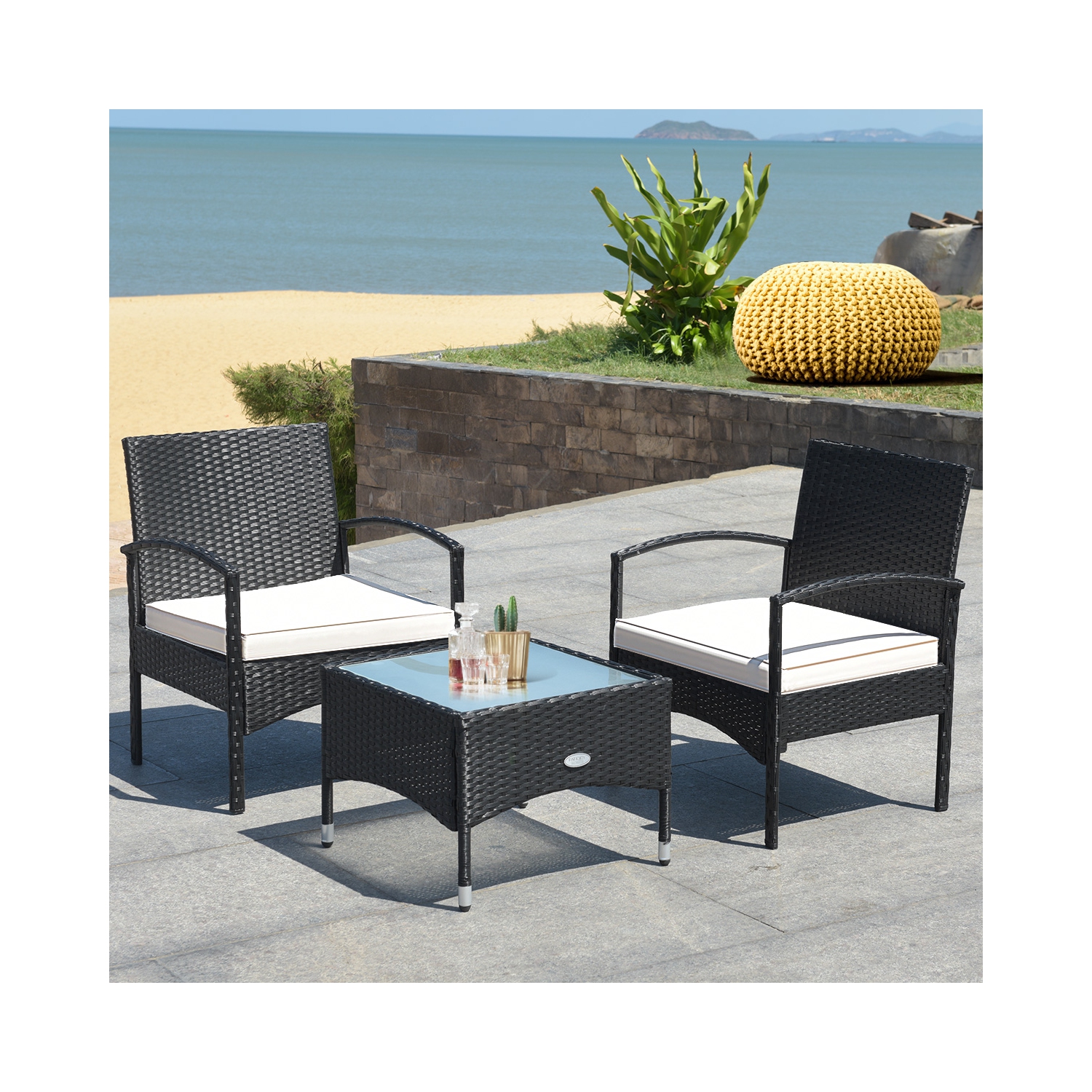 Patiojoy 3 PCS Patio Rattan Cushioned Chair Side Table Set Bistro Set Classic Furniture Single Sofa Thick Cushion for Garden Grey/White/Turquoise/Red