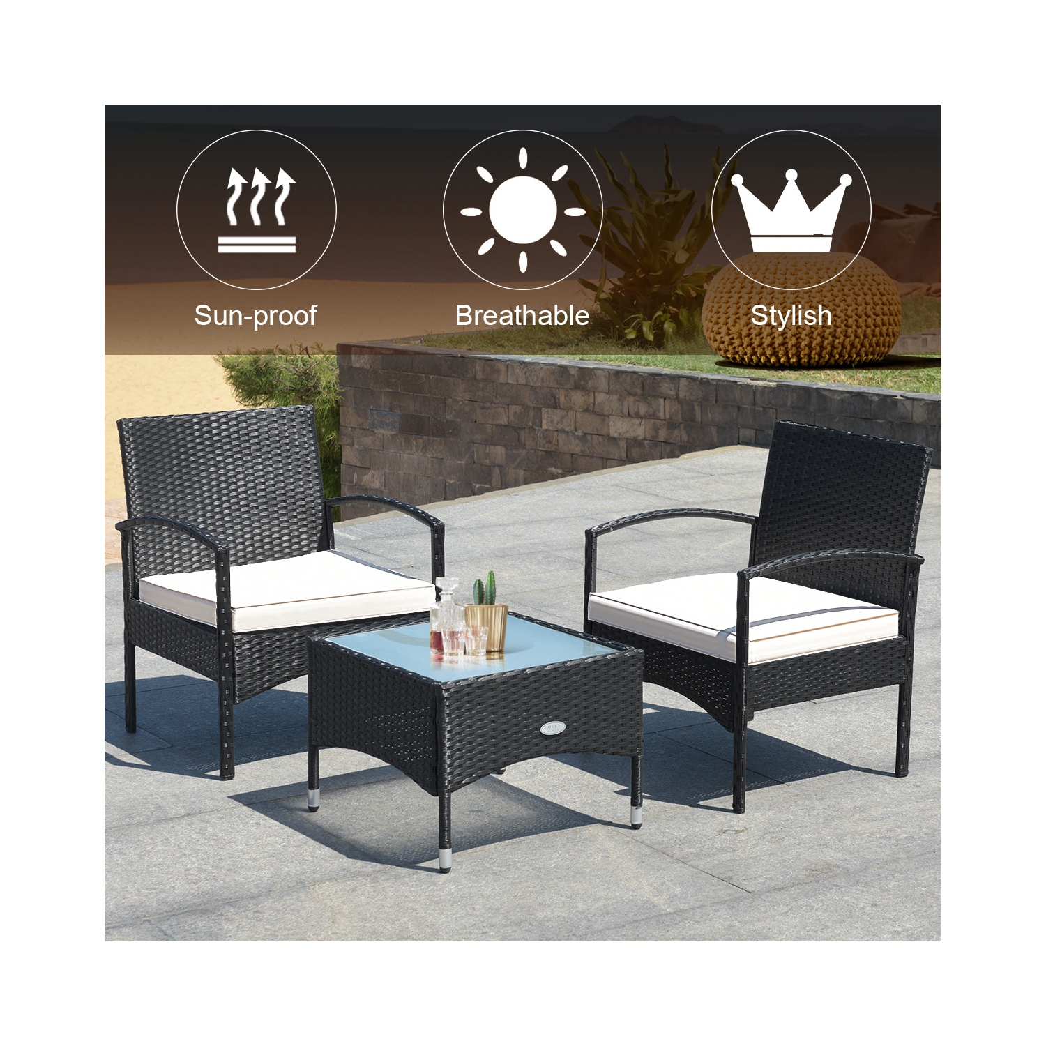Patiojoy 3 PCS Patio Rattan Cushioned Chair Side Table Set Bistro Set Classic Furniture Single Sofa Thick Cushion for Garden Grey/White/Turquoise/Red