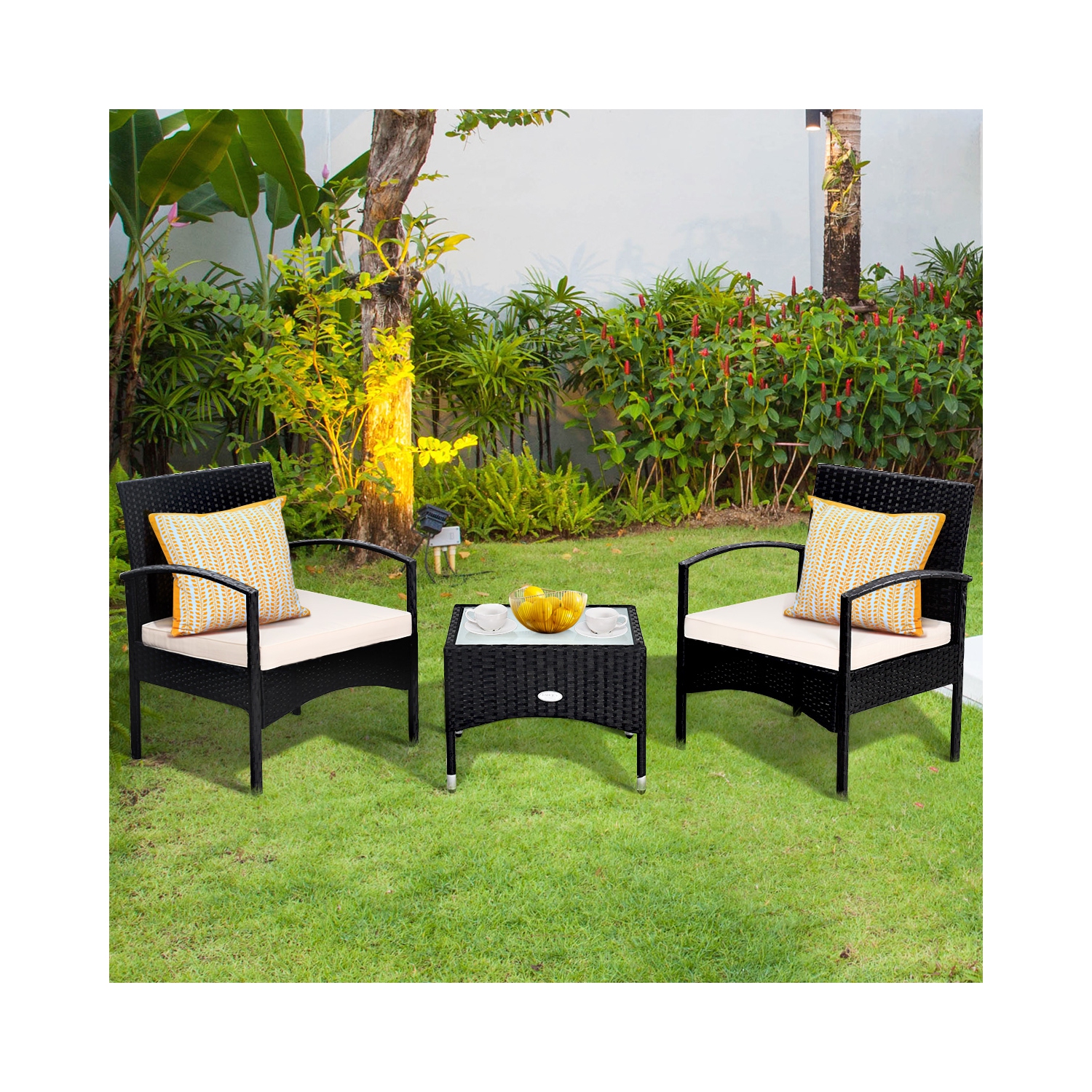 Patiojoy 3 PCS Patio Rattan Cushioned Chair Side Table Set Bistro Set Classic Furniture Single Sofa Thick Cushion for Garden Grey/White/Turquoise/Red