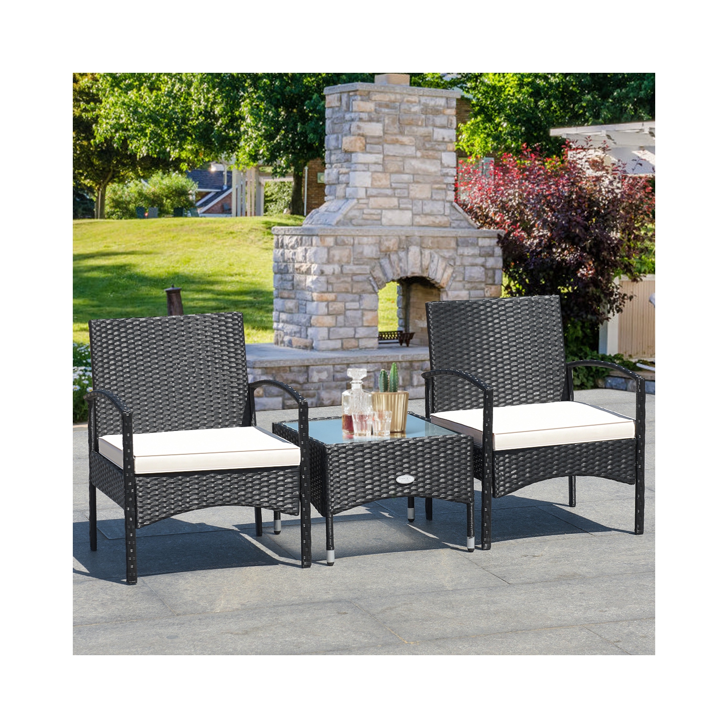 Patiojoy 3 PCS Patio Rattan Cushioned Chair Side Table Set Bistro Set Classic Furniture Single Sofa Thick Cushion for Garden Grey/White/Turquoise/Red