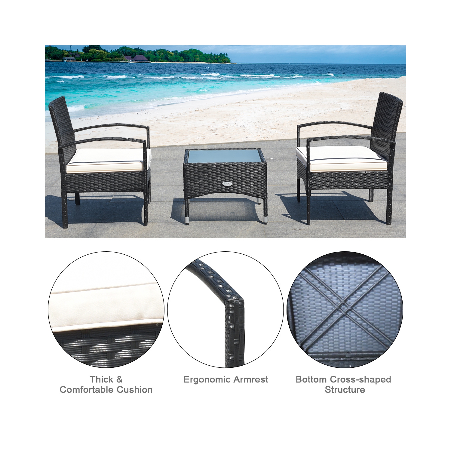 Patiojoy 3 PCS Patio Rattan Cushioned Chair Side Table Set Bistro Set Classic Furniture Single Sofa Thick Cushion for Garden Grey/White/Turquoise/Red