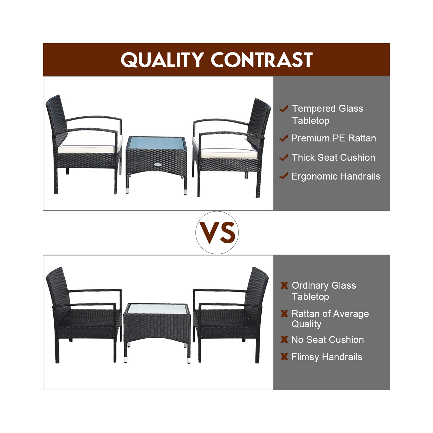 Patiojoy 3 PCS Patio Rattan Cushioned Chair Side Table Set Bistro Set Classic Furniture Single Sofa Thick Cushion for Garden Grey/White/Turquoise/Red