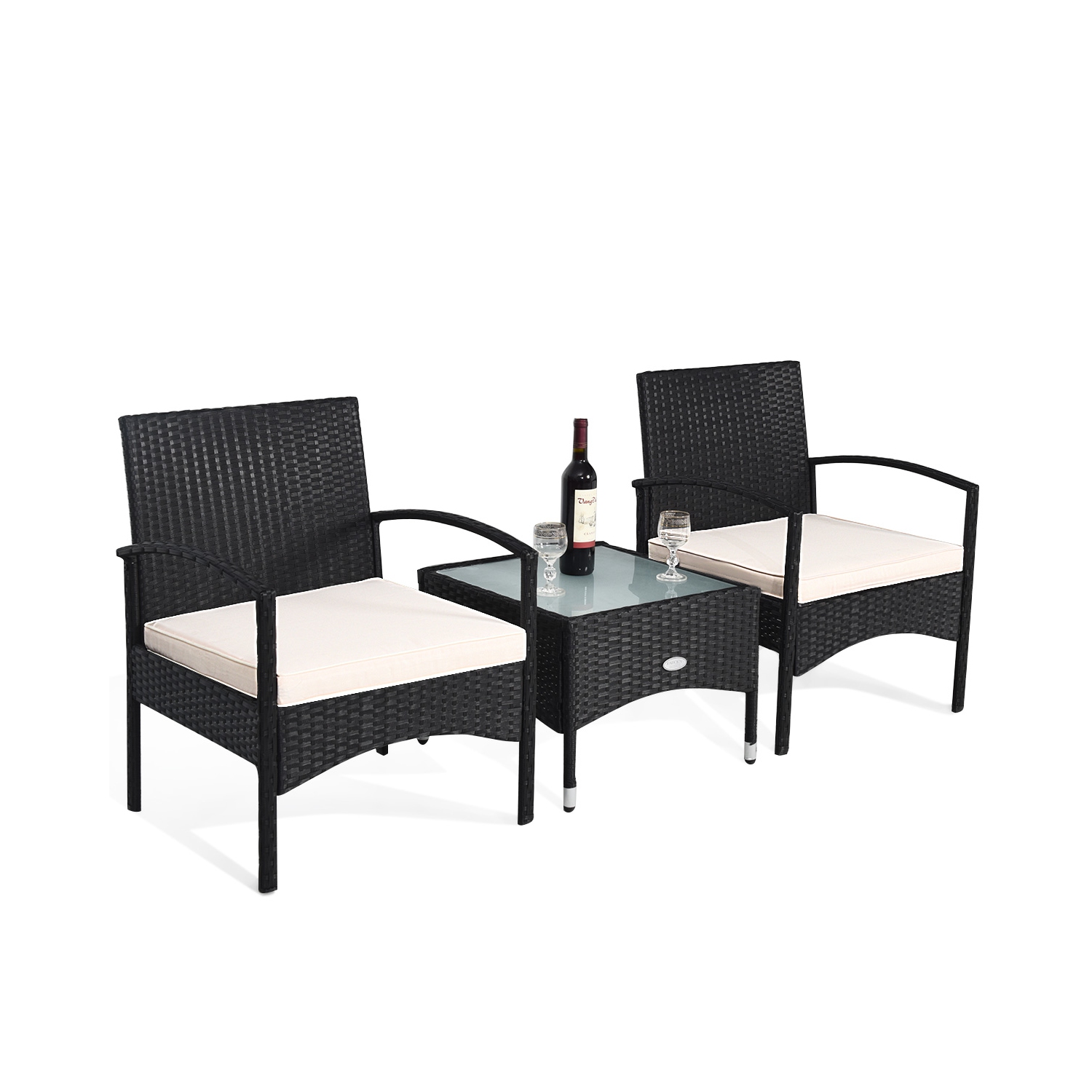 Patiojoy 3 PCS Patio Rattan Cushioned Chair Side Table Set Bistro Set Classic Furniture Single Sofa Thick Cushion for Garden Grey/White/Turquoise/Red