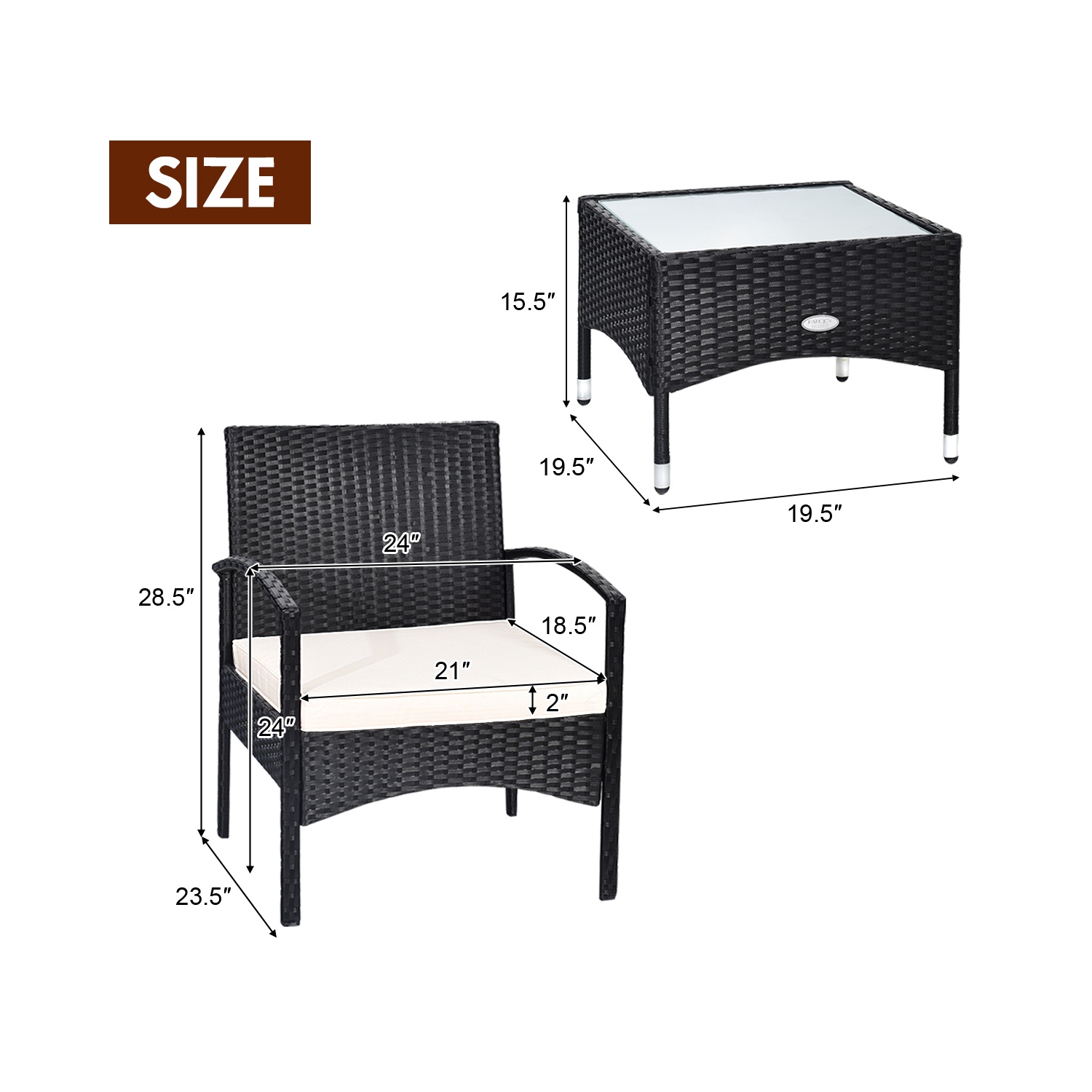 Patiojoy 3 PCS Patio Rattan Cushioned Chair Side Table Set Bistro Set Classic Furniture Single Sofa Thick Cushion for Garden Grey/White/Turquoise/Red