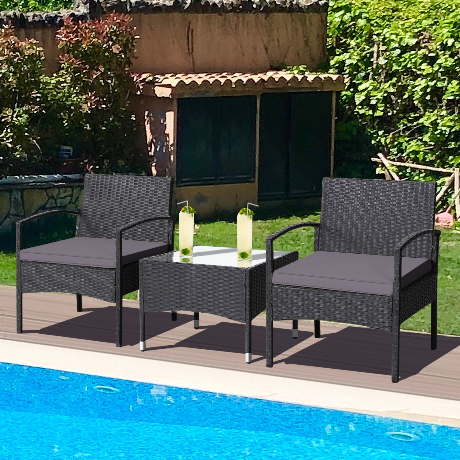 Patiojoy 3 PCS Patio Rattan Cushioned Chair Side Table Set Bistro Set Classic Furniture Single Sofa Thick Cushion for Garden Grey/White/Turquoise/Red