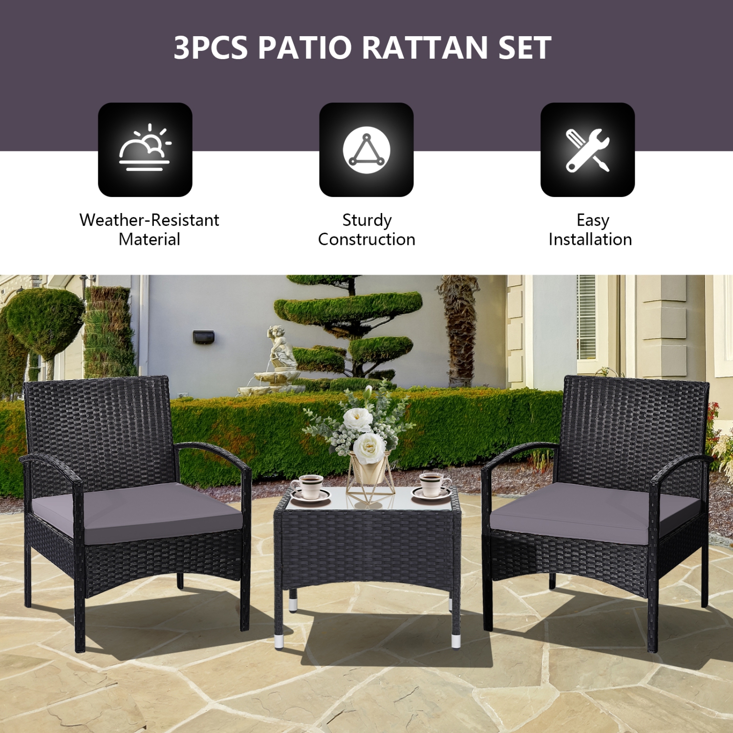 Patiojoy 3 PCS Patio Rattan Cushioned Chair Side Table Set Bistro Set Classic Furniture Single Sofa Thick Cushion for Garden Grey/White/Turquoise/Red