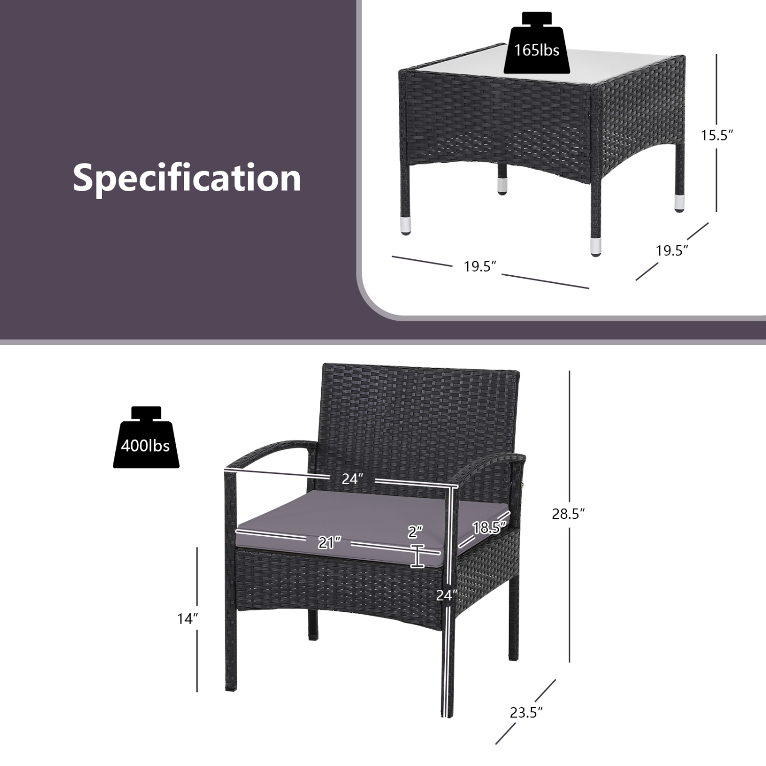 Patiojoy 3 PCS Patio Rattan Cushioned Chair Side Table Set Bistro Set Classic Furniture Single Sofa Thick Cushion for Garden Grey/White/Turquoise/Red